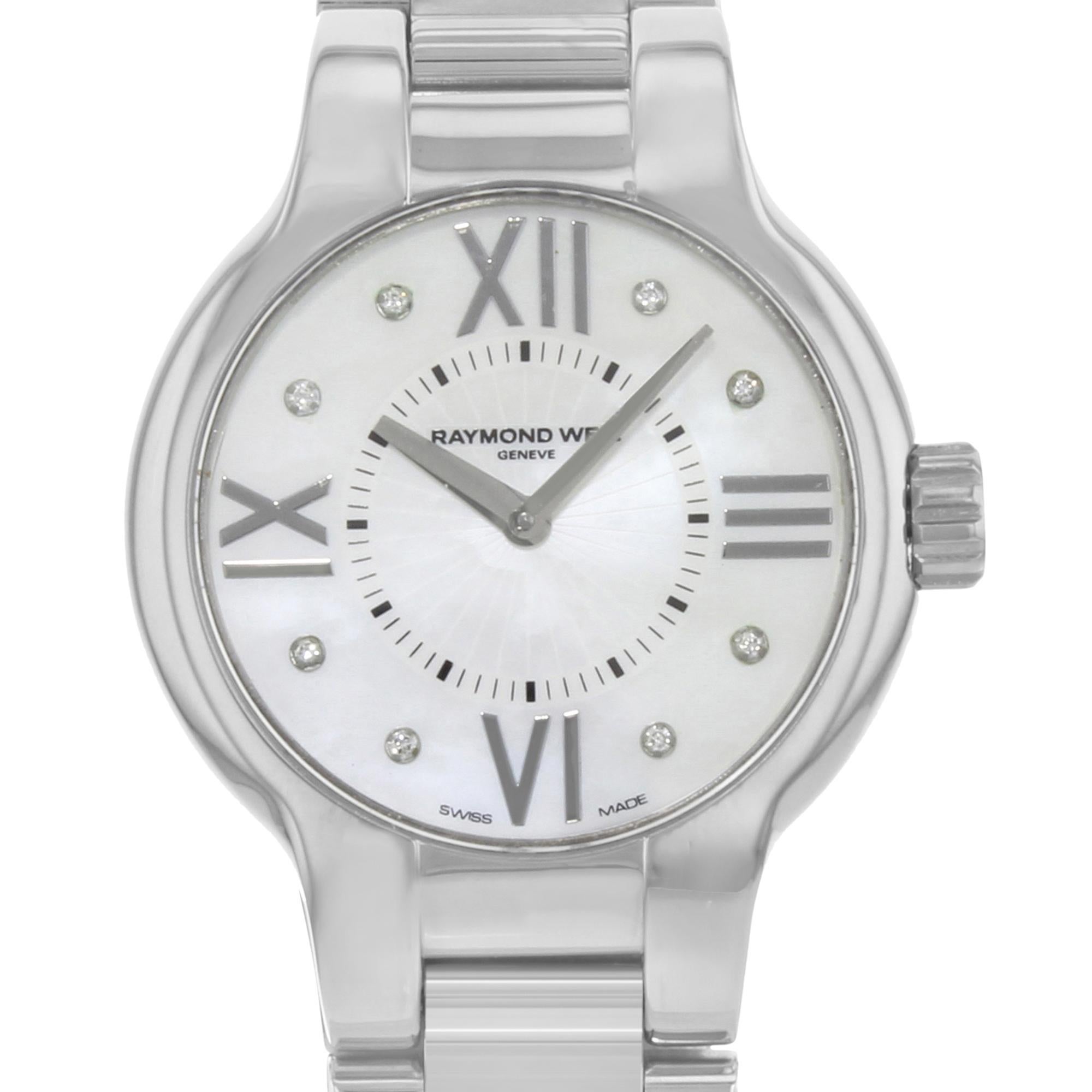 This pre-owned Raymond Weil Noemia 5932-ST-00995 is a beautiful Ladies timepiece that is powered by a quartz movement which is cased in a stainless steel case. It has a round shape face, diamonds dial and has hand diamonds style markers. It is