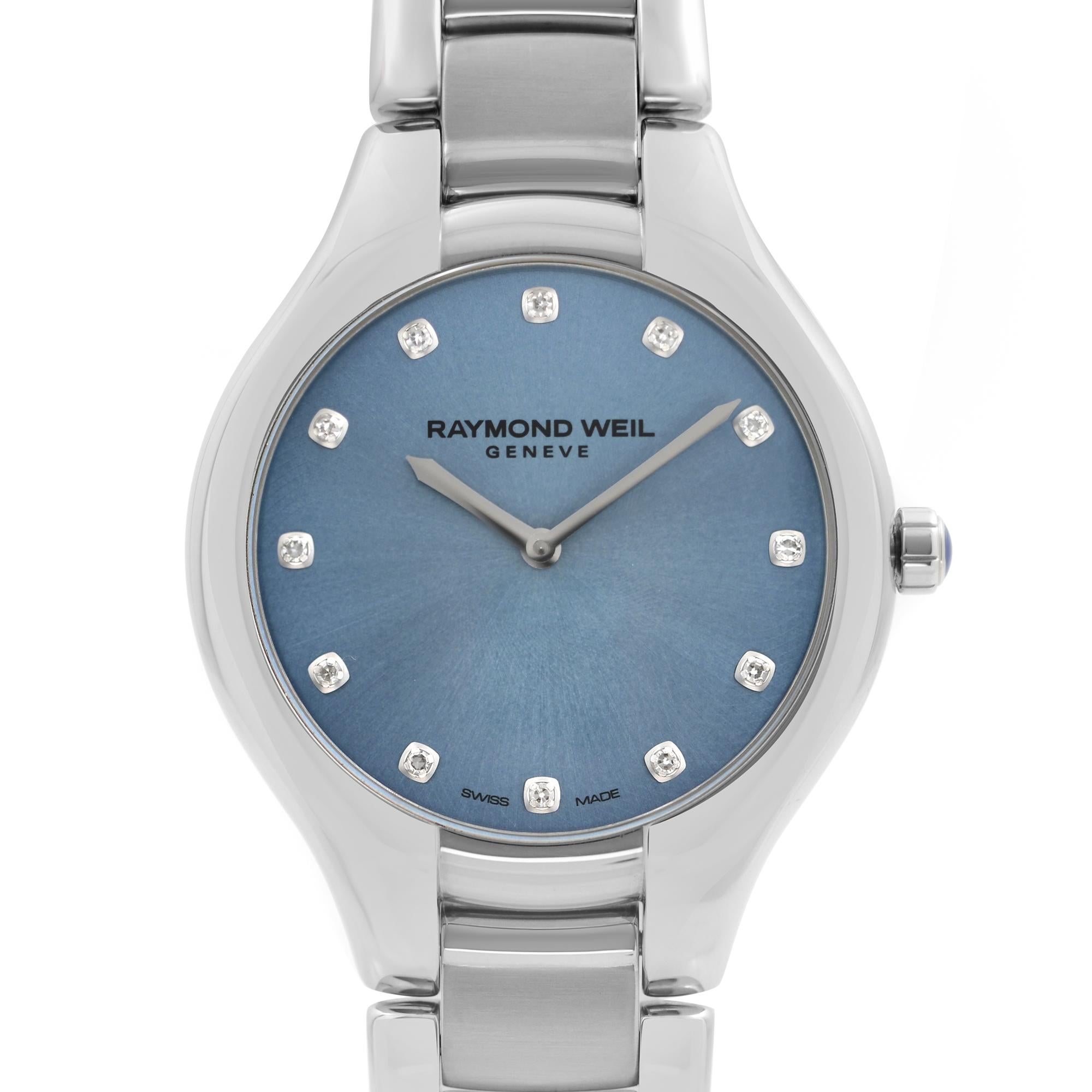 Never Worn Raymond Weil Noemia Stainless Steel Blue Diamond Dial Ladies Watch 5132-ST-50081. This Beautiful Timepiece Features: Stainless Steel Case and Bracelet, Fixed Stainless Steel Bezel, Blue Dial with Silver-Tone Hands, And Diamond Hour