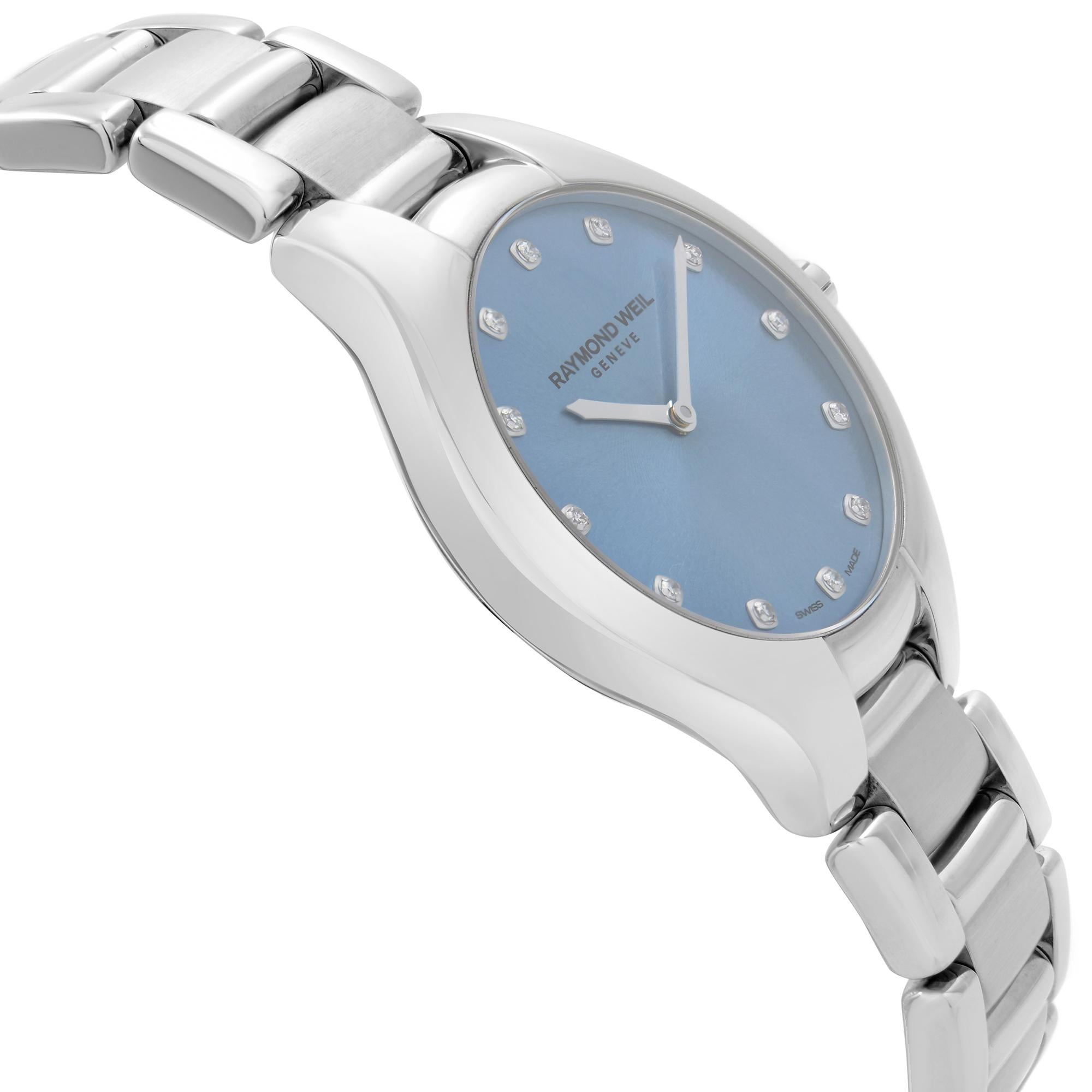 Raymond Weil Noemia Stainless Steel Blue Diamond Dial Ladies Watch 5132-ST-50081 In New Condition For Sale In New York, NY