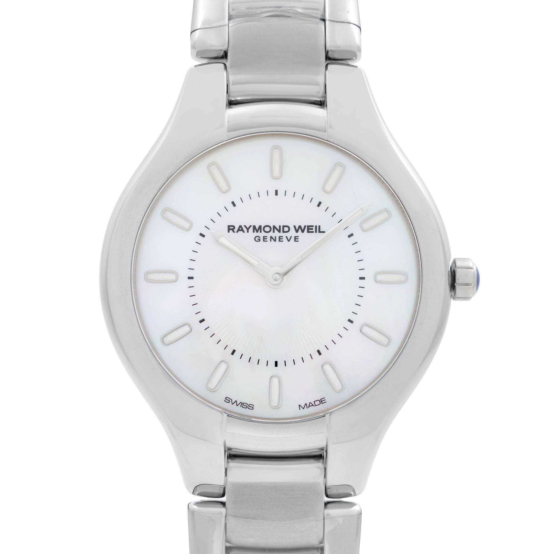 Never Worn Raymond Weil Noemia Stainless Steel MOP Dial Quartz Ladies Watch 5132-ST-97001. This Beautiful Timepiece Features: Stainless Steel Case and Bracelet, Fixed Stainless Steel Bezel, White Mother-of-Pearl Dial with Luminous Silver-Tone Hands,