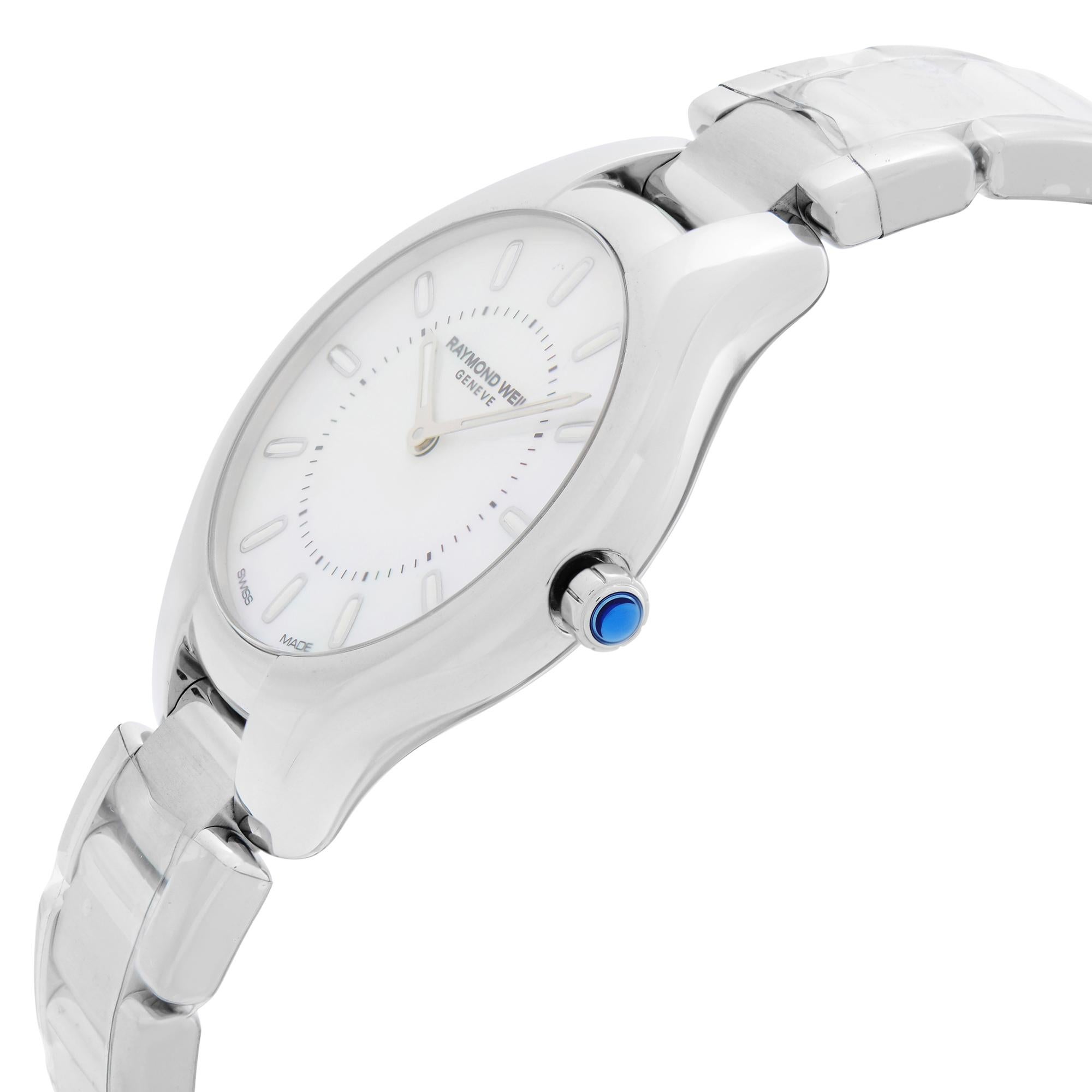 Raymond Weil Noemia Stainless Steel MOP Dial Quartz Ladies Watch 5132-ST-97001 In New Condition In New York, NY