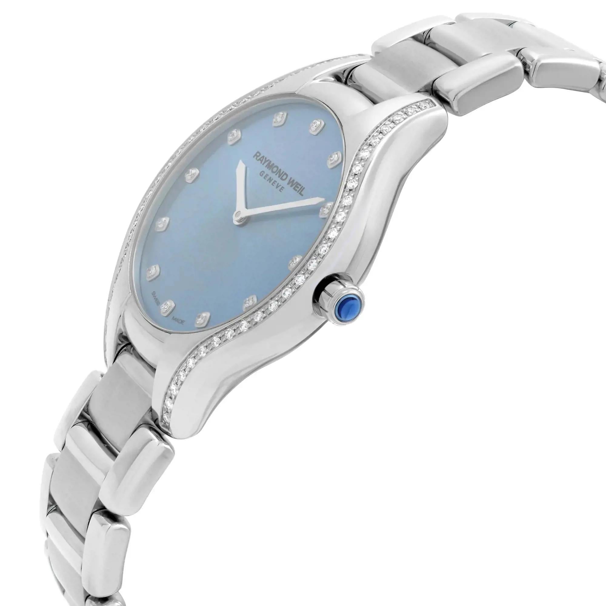 Raymond Weil Noemia Steel Diamond Blue Dial Ladies Quartz Watch 5132-STS-50081 In Good Condition For Sale In New York, NY
