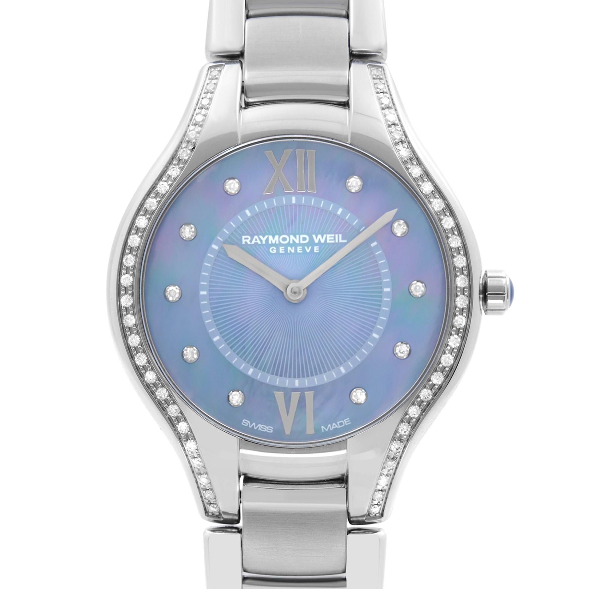 Never Worn Raymond Weil Noemia Steel Diamond Blue MOP Ladies Quartz Watch 5132-STS-00955. This Beautiful Timepiece Features: Stainless Steel Case and Bracelet, Fixed Stainless Steel Bezel Set with Diamonds, Blue Mother-of-Pearl Dial with Silver-Tone
