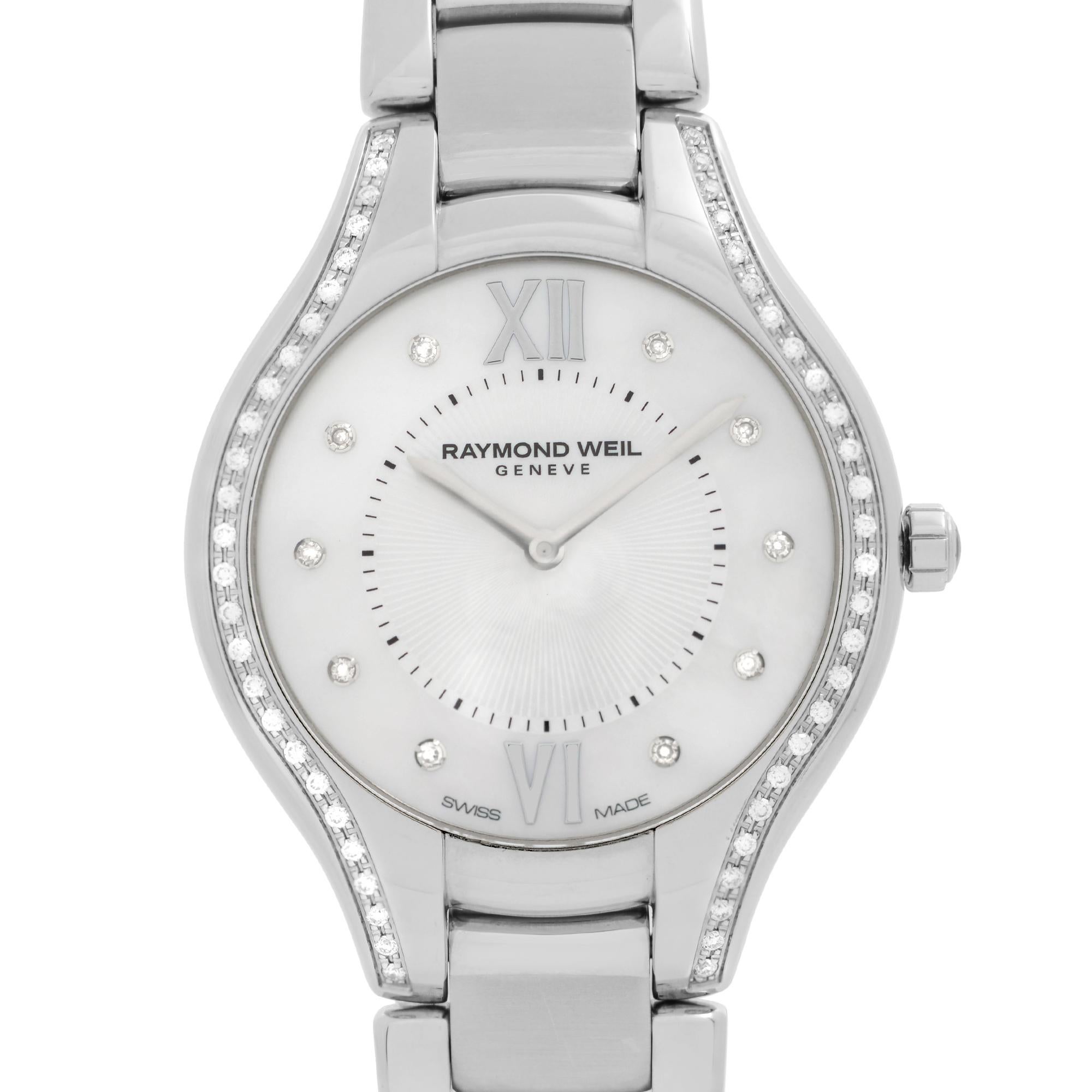 Never Worn Raymond Weil Noemia Steel Diamond MOP Dial Quartz Ladies Watch 5132-STS-00985. This Beautiful Timepiece Features: Stainless Steel Case and Bracelet, Fixed Stainless Steel Bezel Set with Diamonds, Mother-of-Pearl Dial with Silver-Tone