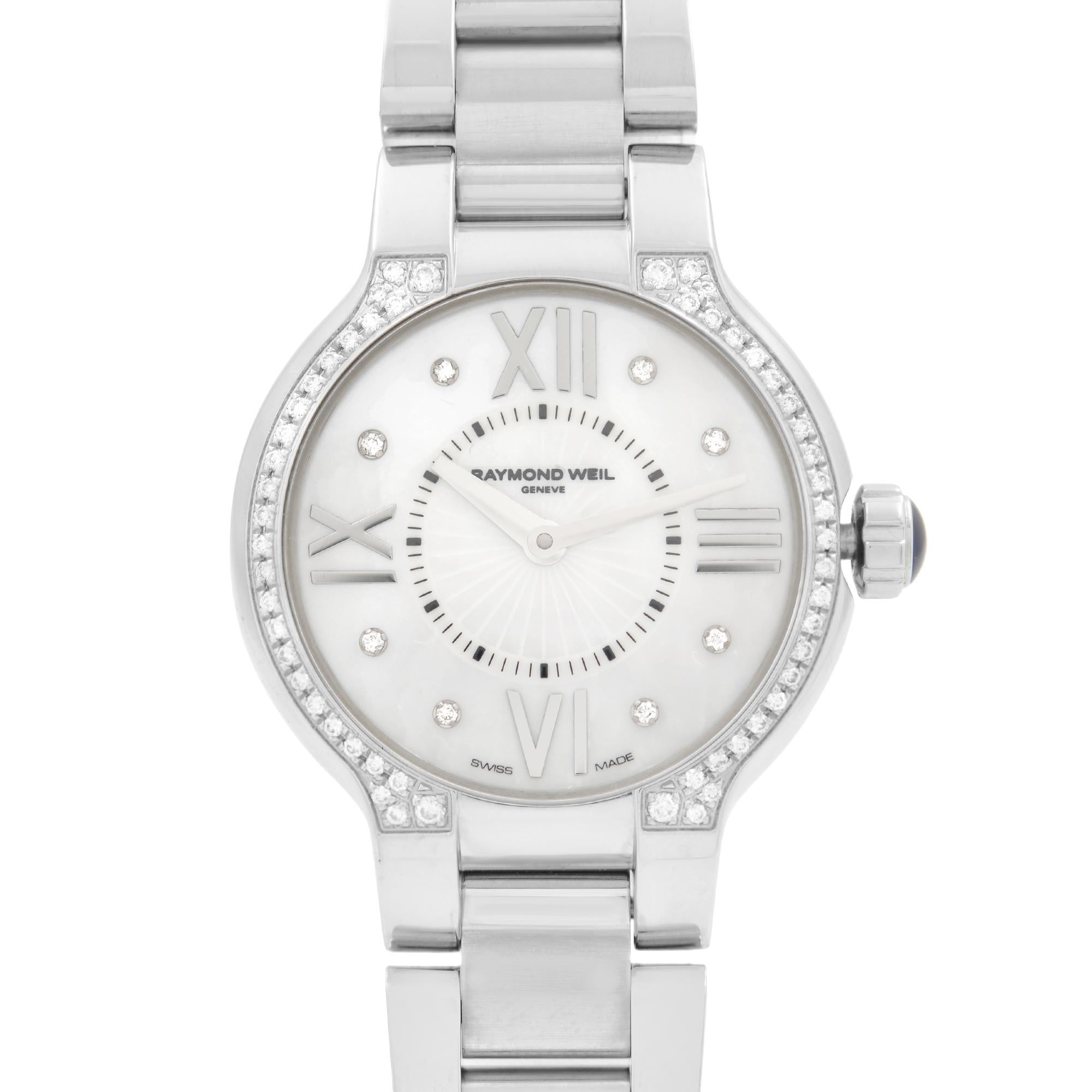 Store Display Model Raymond Weil Noemia Steel Diamond MOP Dial Quartz Ladies Watch 5927-STS-00995. This Beautiful Timepiece Features: Stainless Steel Case and Bracelet, Fixed Stainless Steel Bezel Set with 54 Diamonds, Mother-of-Pearl Dial with