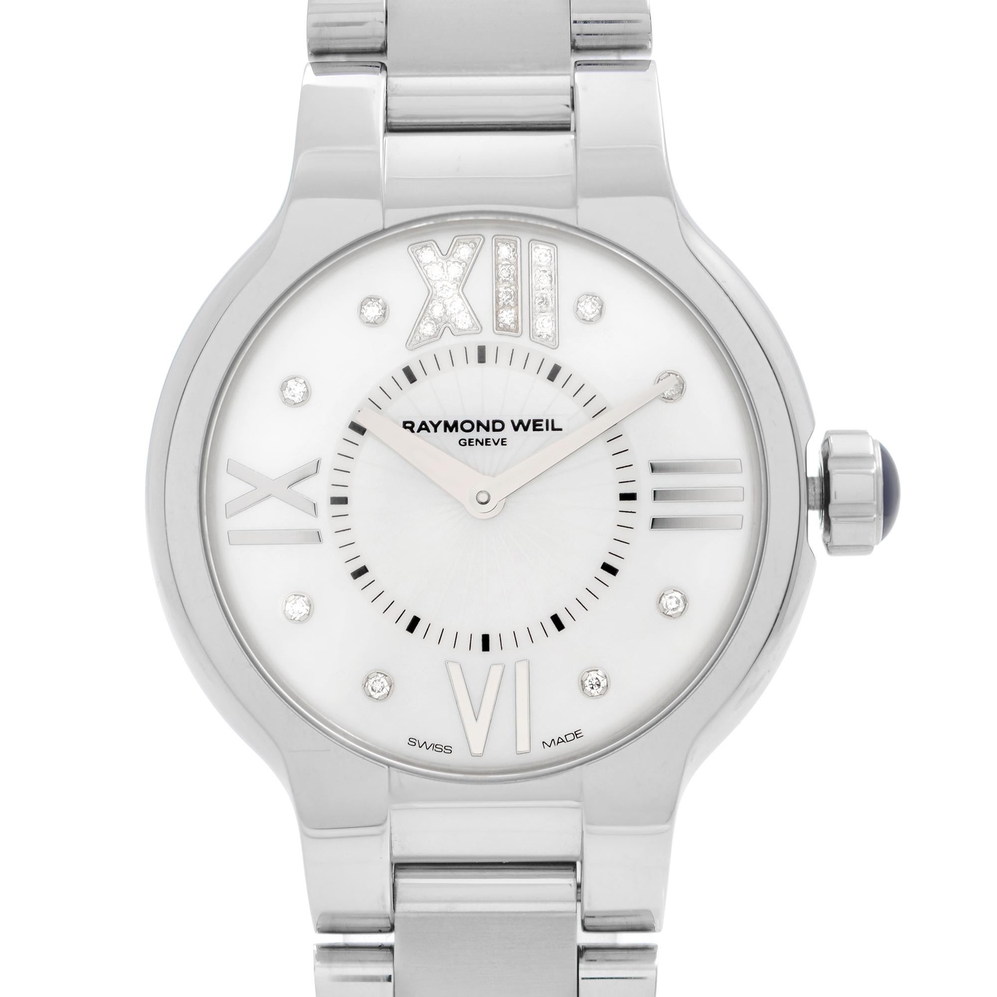 Store Display Model Raymond Weil Noemia Steel Diamond MOP Dial Quartz Ladies Watch 5932-ST-00990. This Beautiful Timepiece Features: Stainless Steel Case and Bracelet, Fixed Stainless Steel Bezel, Mother of Pearl White Dial Set with Diamonds with