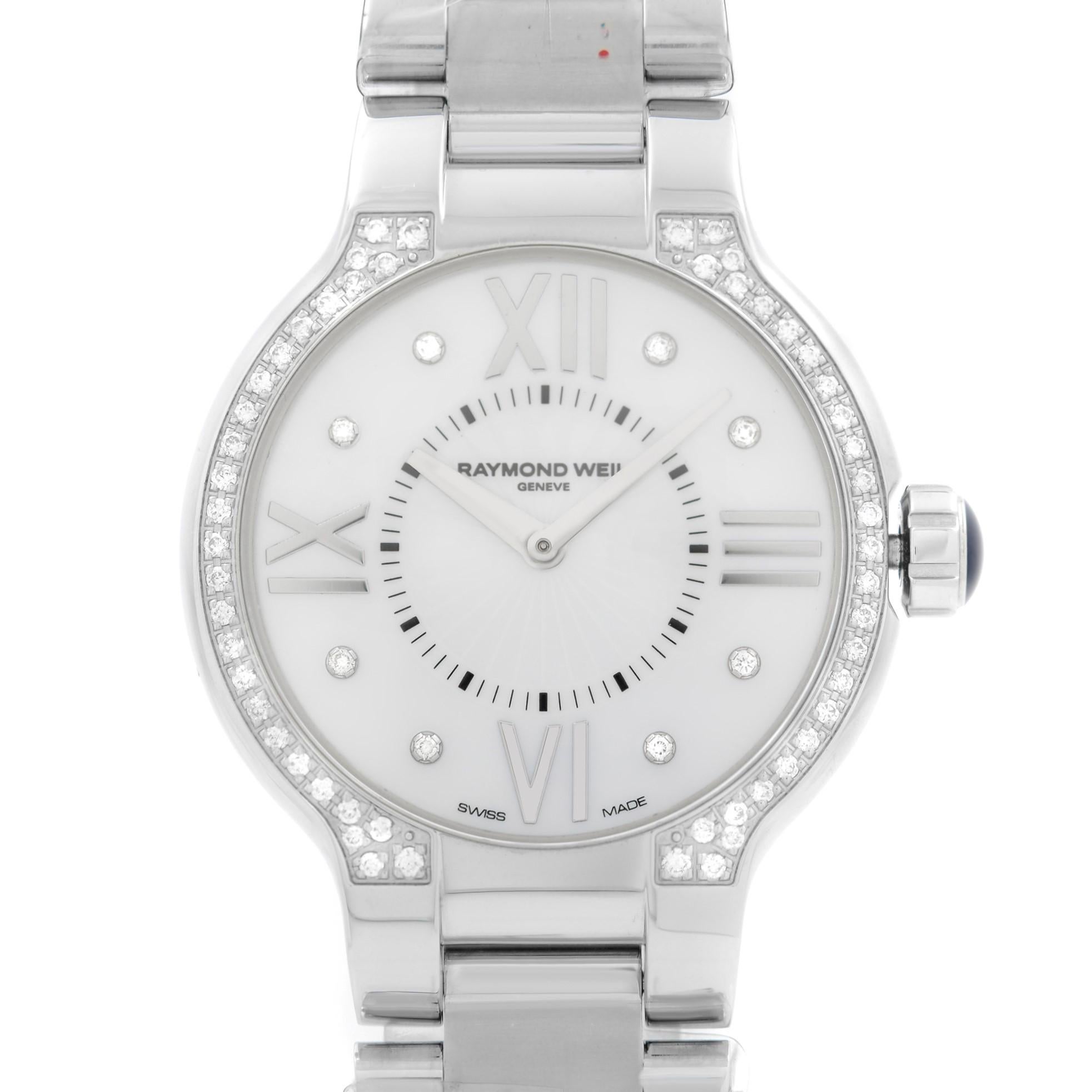 Never Worn Raymond Weil Noemia Steel Diamond MOP Dial Quartz Ladies Watch. This Beautiful Timepiece Features: Stainless Steel Case and Bracelet, Fixed Stainless Steel Bezel Set with 54 Diamonds, Mother-of-Pearl Dial with Silver-Tone Hands, and