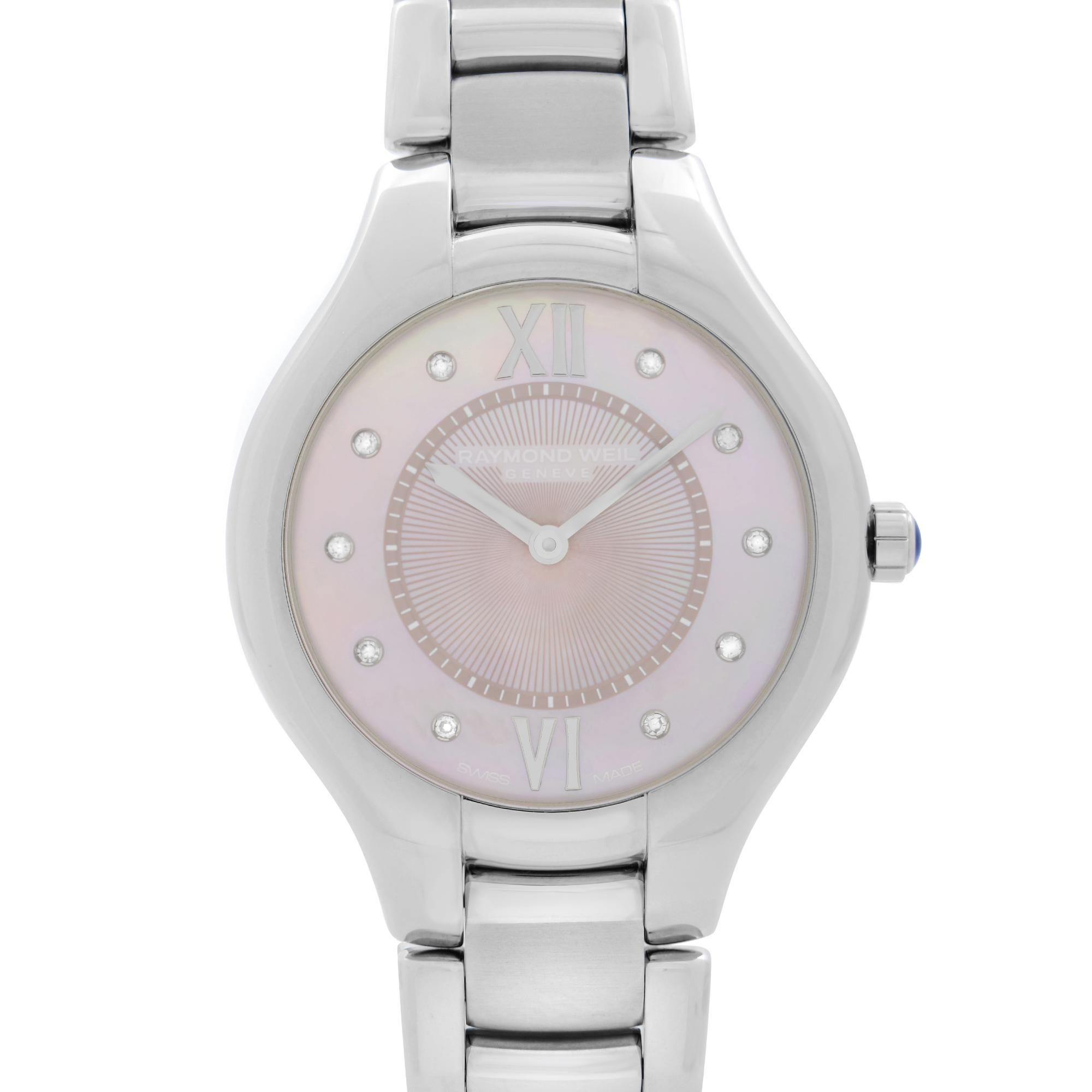 Store Display Model Raymond Weil Noemia Steel Diamond Pink MOP Dial Quartz Ladies Watch 5132-ST-00986. This Beautiful Timepiece Features: Stainless Steel Case and Bracelet, Fixed Stainless Steel Bezel, Pink Mother-of-Pearl Dial with Silver-Tone