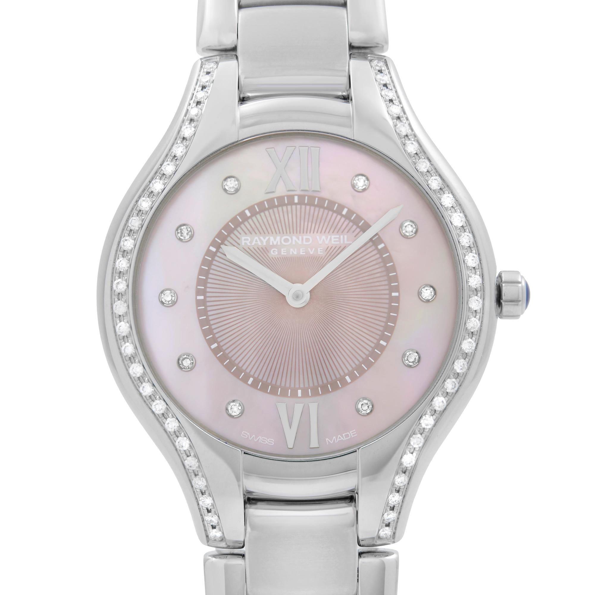 Never Worn Raymond Weil Noemia Steel Diamond Pink MOP Dial Ladies Watch 5132-STS-00986. This Beautiful Timepiece Features: Stainless Steel Case and Bracelet, Fixed Stainless Steel Bezel with Diamond Set, Pink Mother-of-Pearl Dial with Silver-Tone