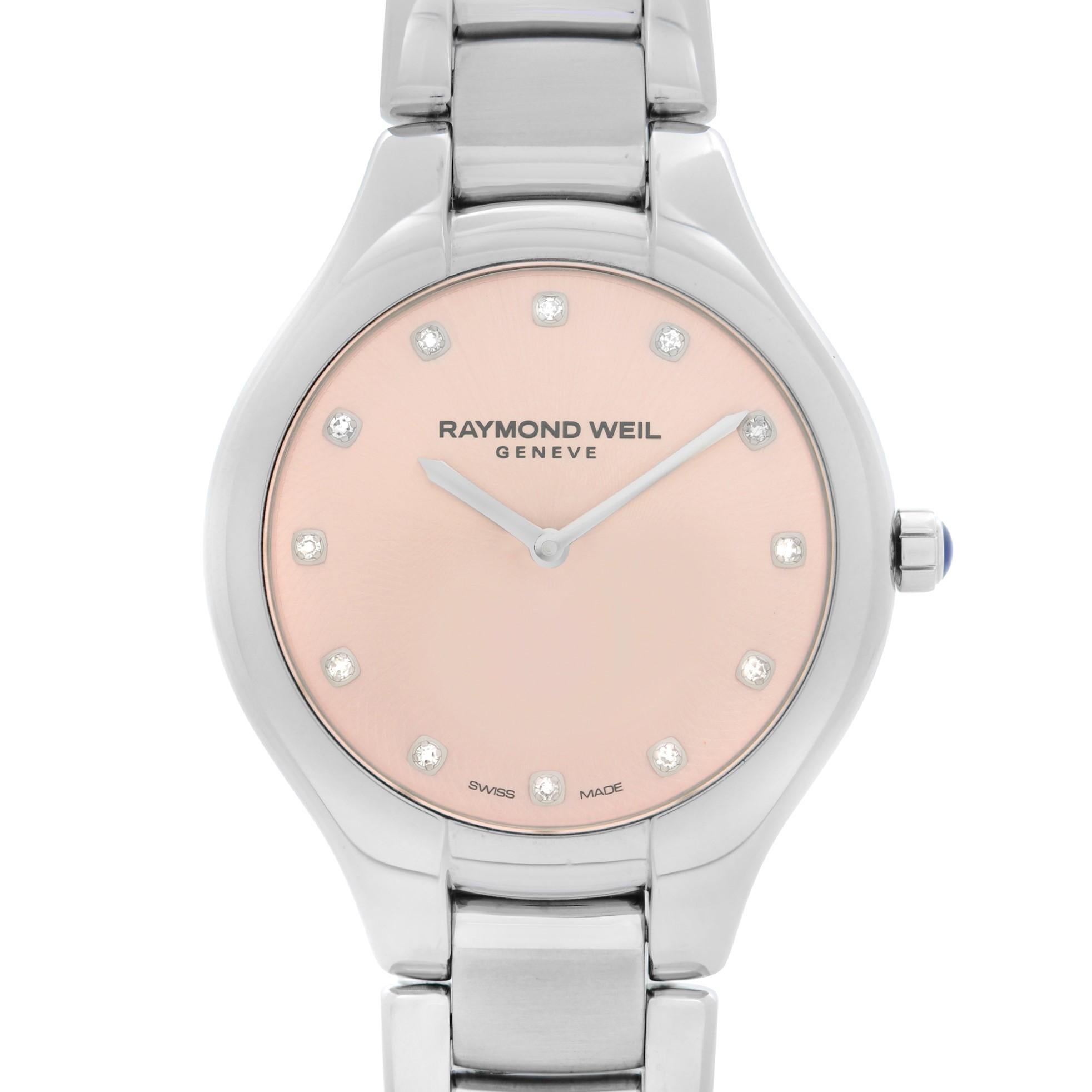 New Raymond Weil Noemia Steel Diamonds Pink Dial Quartz Ladies Watch 5132-ST-80081. This Beautiful Timepiece Features: Stainless Steel Case and Bracelet, Fixed Stainless Steel Bezel, Pink Dial with Silver-Tone Hands, And Diamonds Hour Markers.