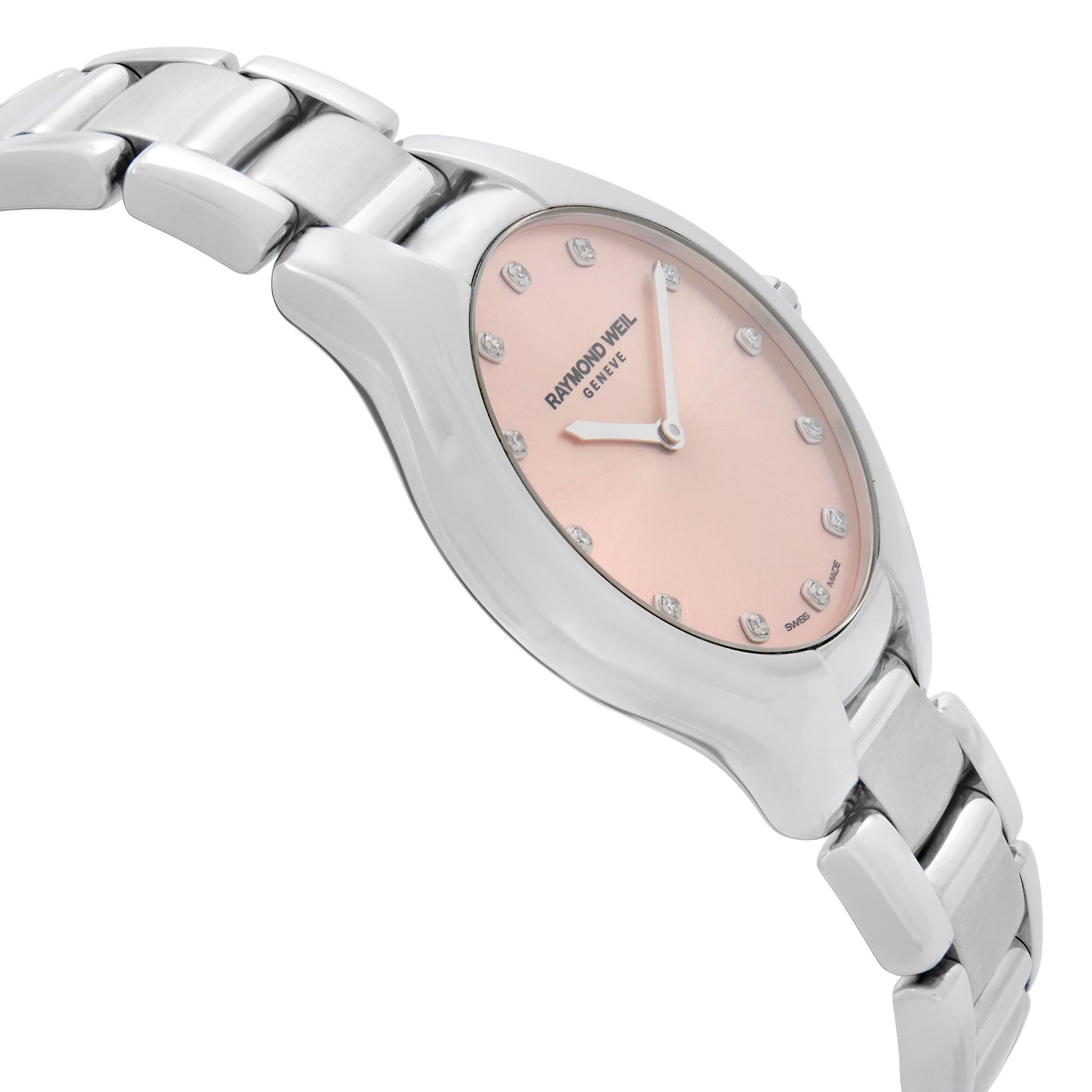 Raymond Weil Noemia Steel Diamonds Pink Dial Quartz Ladies Watch 5132-ST-80081 In New Condition In New York, NY