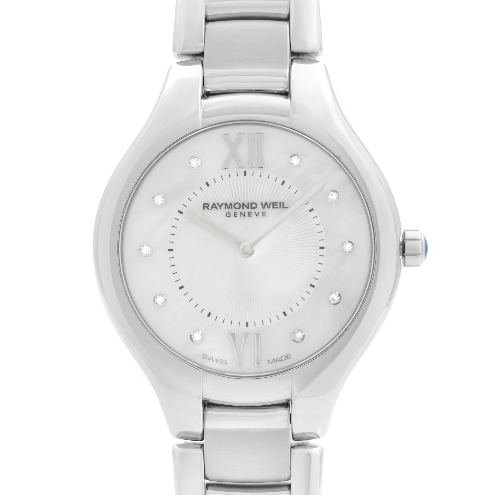 Unworn Raymond Weil Noemia Steel White MOP Dial Quartz Ladies Watch. This Beautiful Timepiece Features: Stainless Steel Case and Bracelet, Fixed Stainless Steel Bezel, White MOP Dial with Silver-Tone Hands, And Roman Numerals and Diamond Hour