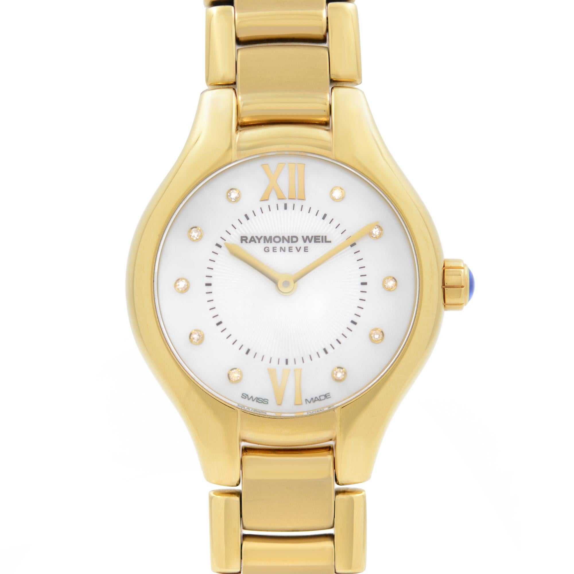 Pre-owned Raymond Weil Noemia Yellow Gold PVD Steel MOP Dial Ladies Watch 5124-P-00985. The Watch Band Shows Minor Wear Signs Mid Links. Original Box and Papers are Included. Covered by 1-year Chronostore Warranty.
Details:
MSRP 1350
Brand RAYMOND