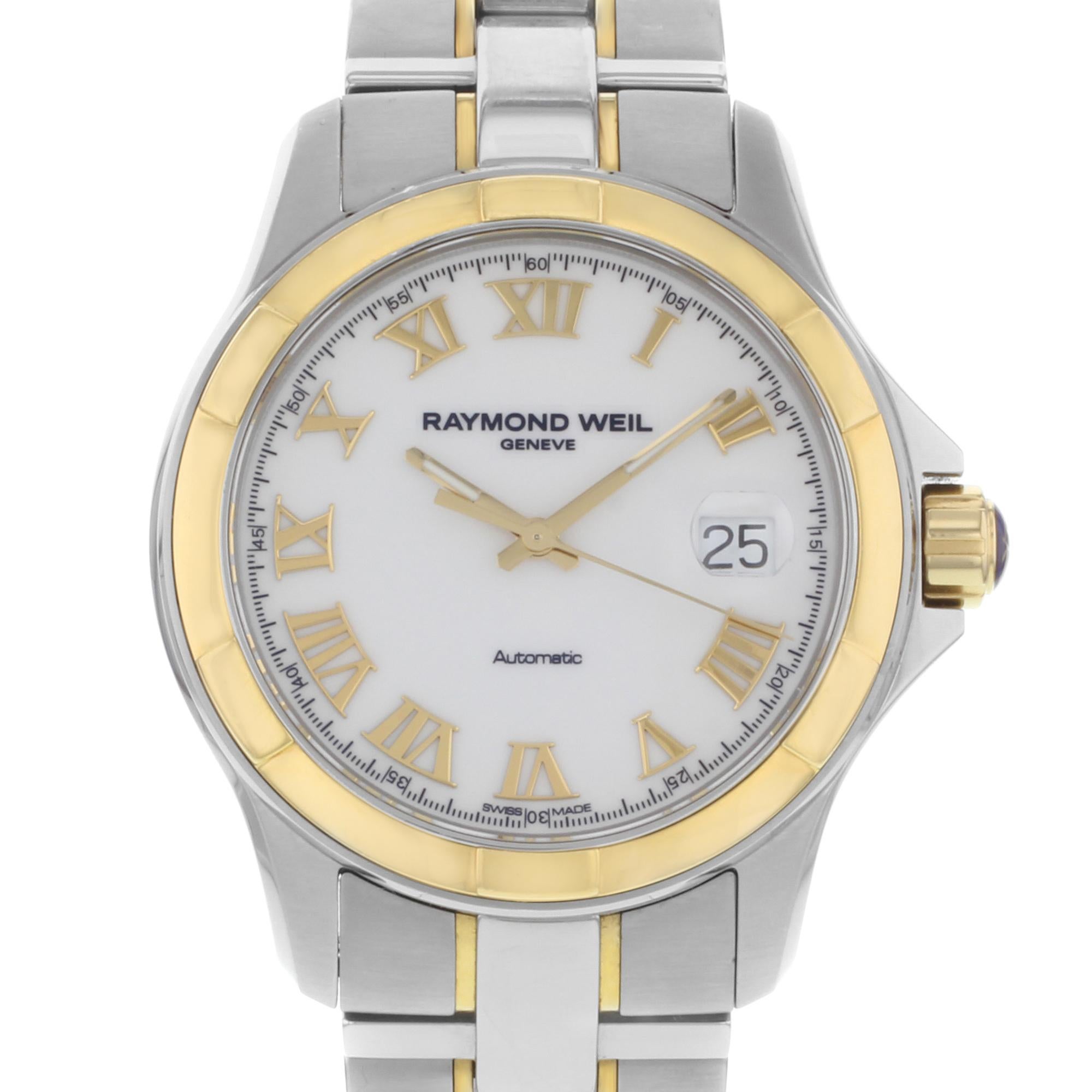 Pre-owned Raymond Weil Parsifal 18k Gold PVD Steel White Dial Men's Watch 2970-SG-00308. The Watch Bezel Shows Minor Dents and  Scratches. Original Box and Papers are Included. Covered by 1-year Chronostore Warranty. 
Details:
MSRP 3150
Brand
