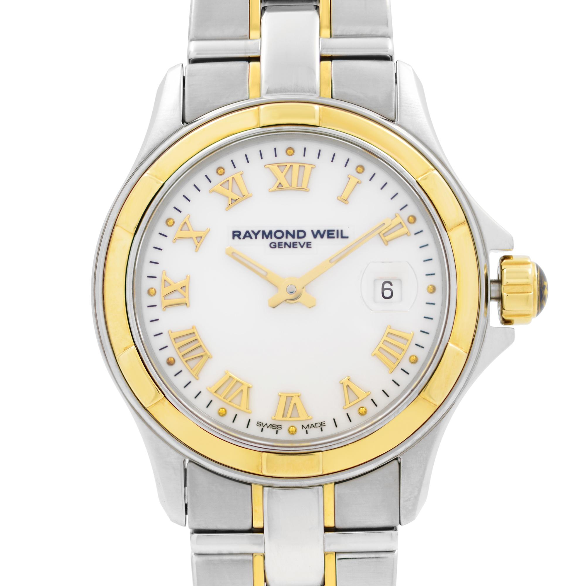 Never Worn Raymond Weil Parsifal 18k Gold PVD Steel White Dial Ladies Watch 9460-SG-00308. This Beautiful Timepiece Features: Stainless Steel Case and Bracelet with 18k Yellow Gold Accents, Fixed Stainless Steel Bezel with an 18k Yellow Gold Inlaid