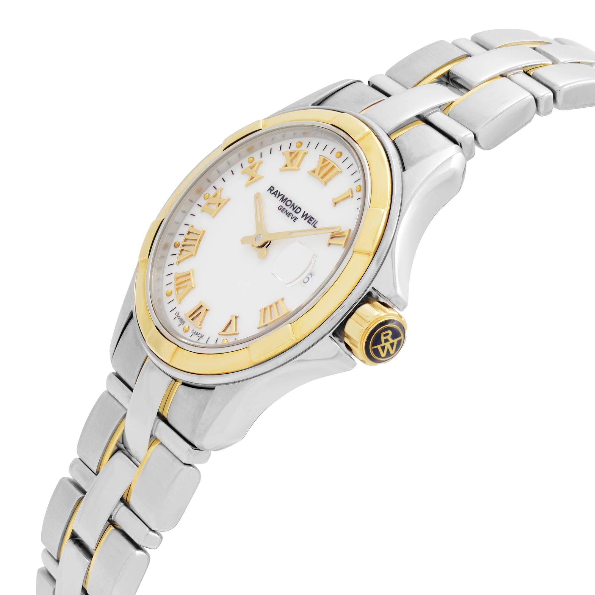 Raymond Weil Parsifal 18k Gold Steel White Roman Dial Ladies Watch 9460-SG-00308 In New Condition In New York, NY
