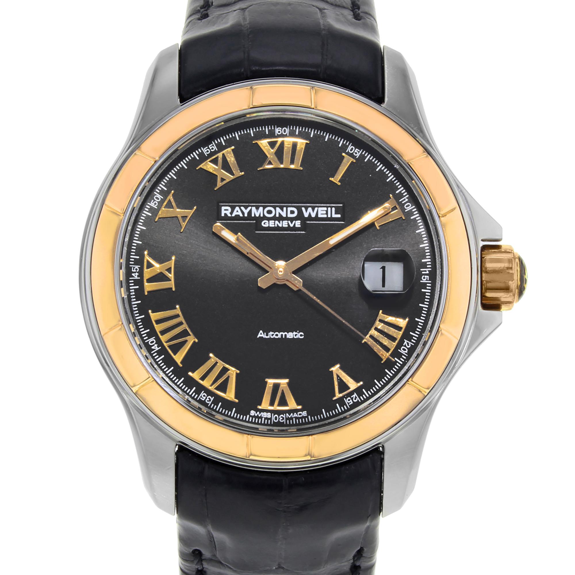 Raymond Weil Parsifal Watch 2970-SC5-00208 is in excellent pre-owned condition. This Beautiful Timepiece Features: Stainless Steel Case with a Black (Calfskin) Leather Strap, Fixed Two-Tone Stainless Steel Bezel, Black Dial with Luminous Rose