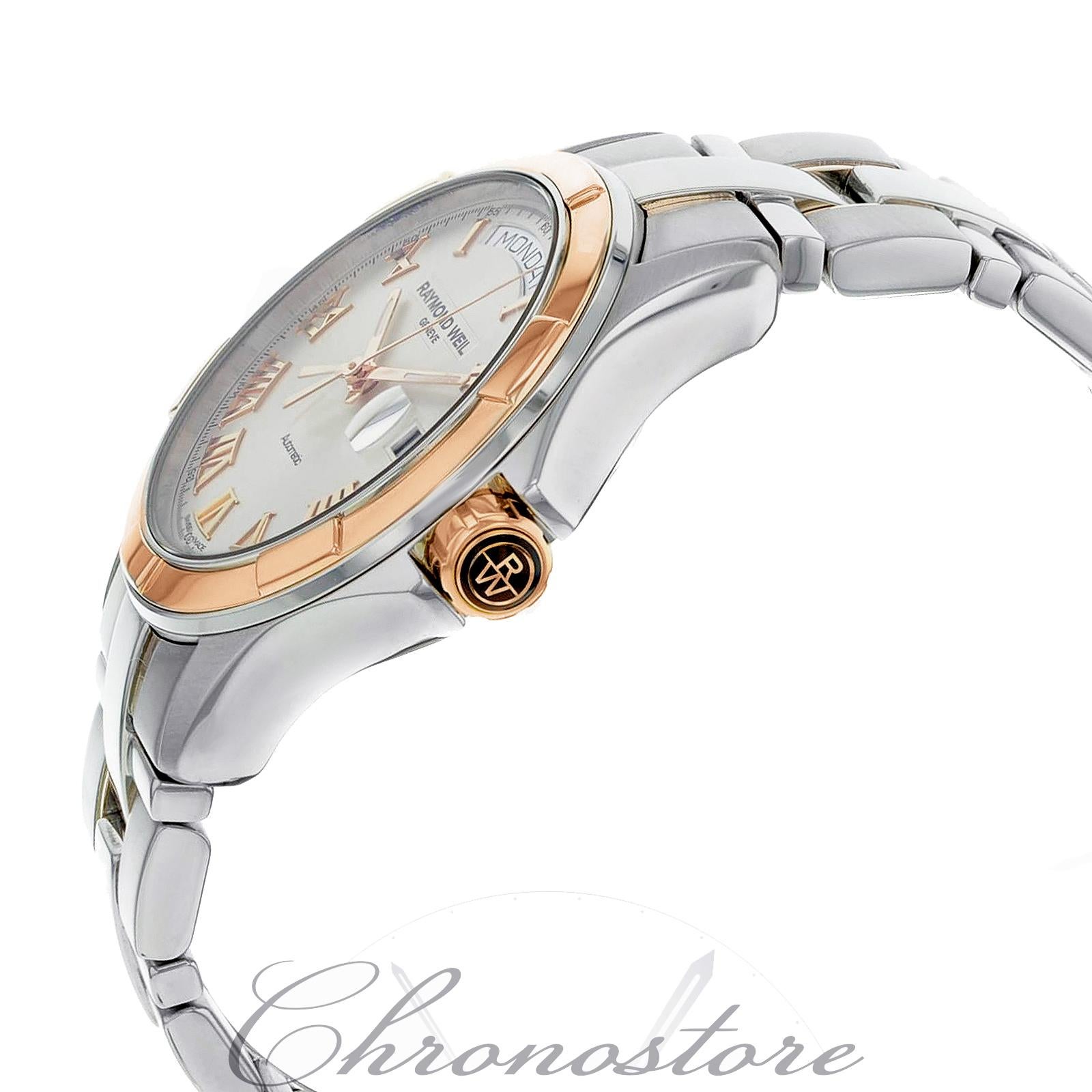 This pre-owned Raymond Weil Parsifal  2965-SG5-00658 is a beautiful men's timepiece that is powered by an automatic movement which is cased in a stainless & solid gold case. It has a round shape face, day & date dial and has hand roman numerals