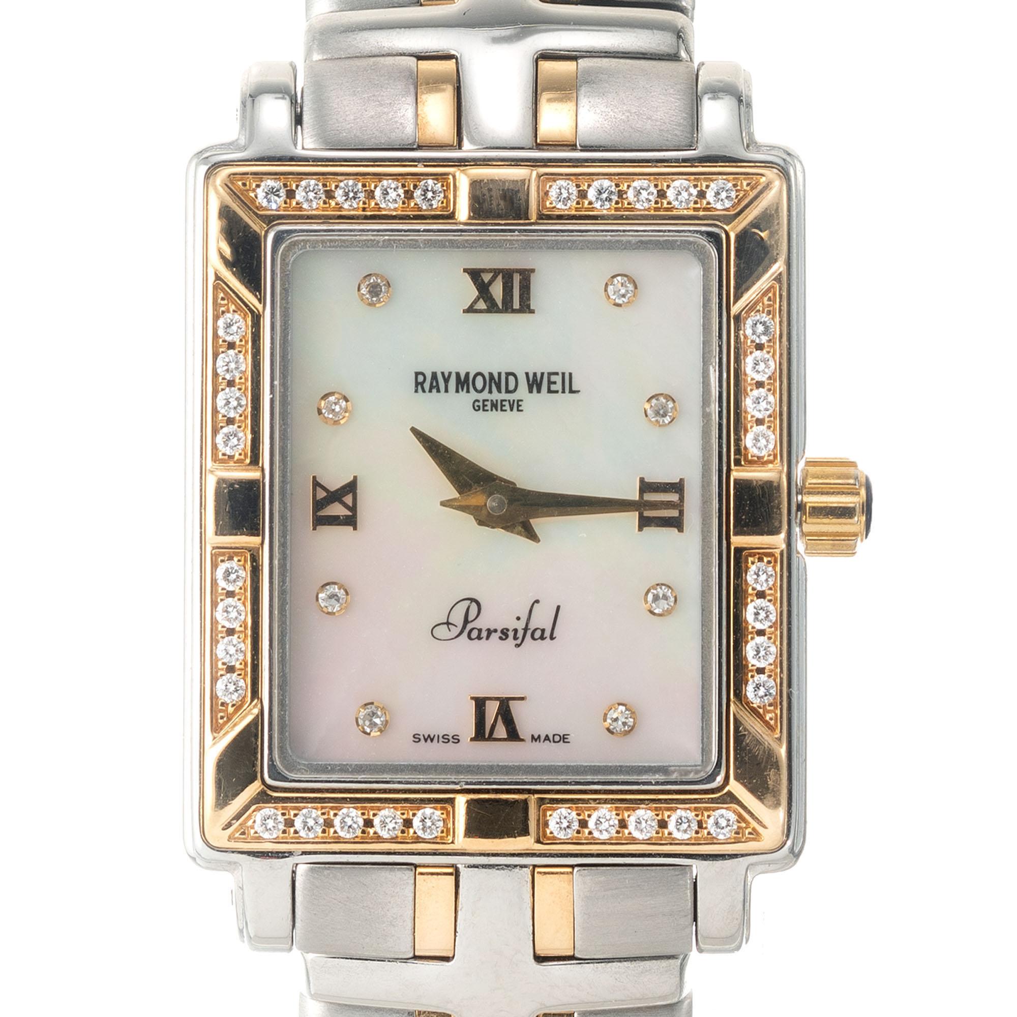 Raymond Weil Parsifal ladies two-tone gold wristwatch with diamond bezel and mother of pearl dial. 6.5 inches

44 round diamonds, VS G-H approx. .20cts 
Two tone gold
Length: 31.43mm 
Width: 22.07mm
Band width at case: 14mm
Case thickness: