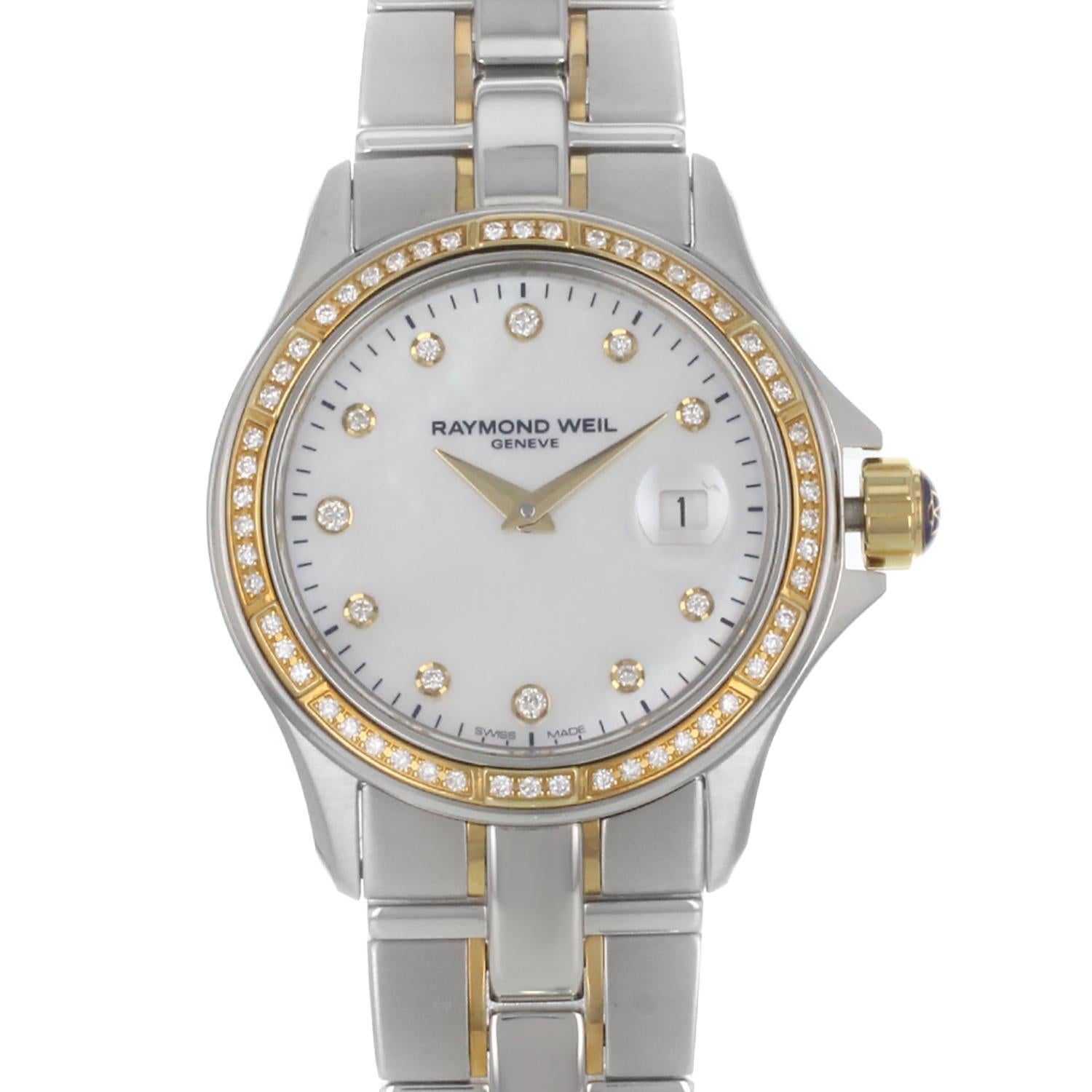 This pre-owned Raymond Weil Parsifal 9460-SGS-97081 is a beautiful Ladies timepiece that is powered by a quartz movement which is cased in a stainless steel case. It has a round shape face, date, diamonds dial, and has hand diamonds style markers.