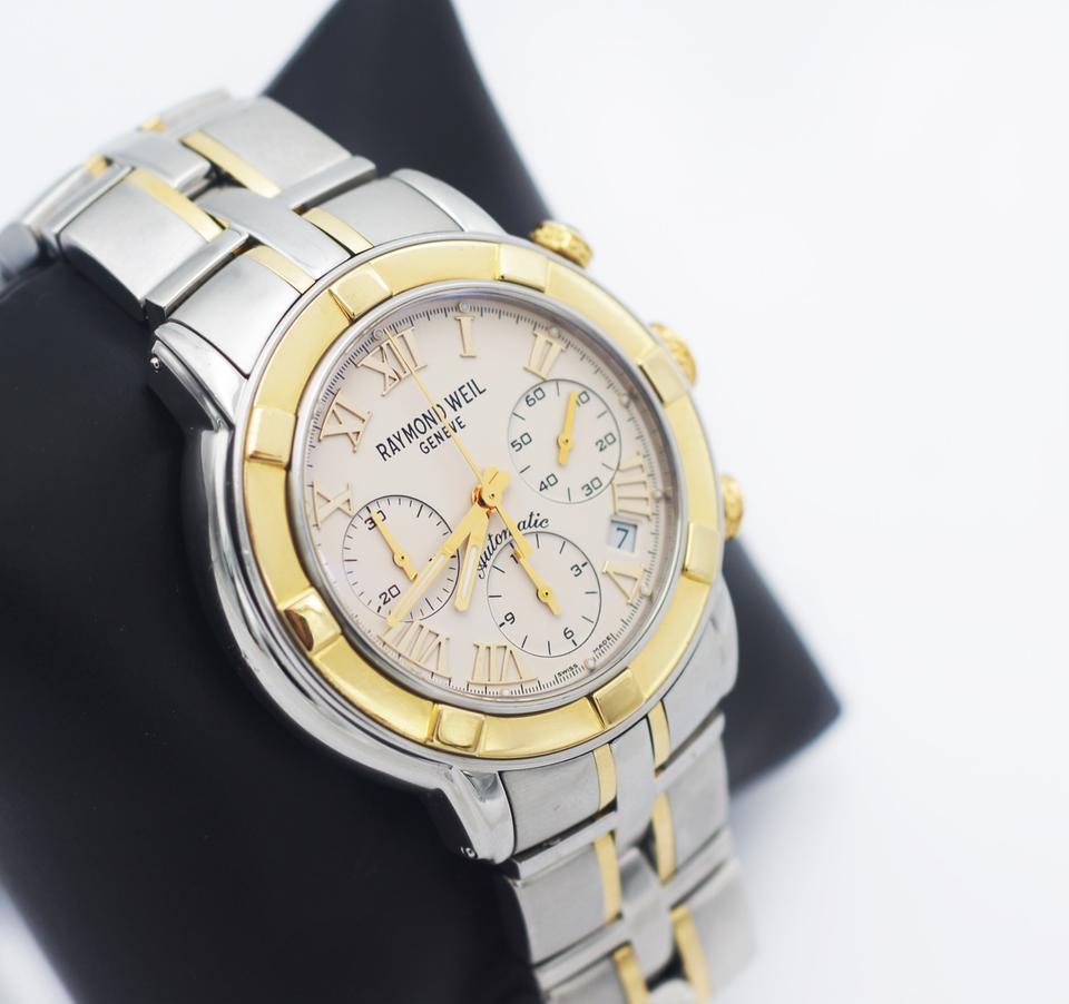 RAYMOND WEIL
Geneve
Parsifal Collection
Case stainless steel with 18K Gold fixed Bezel
Case Diameter approx, 39 mm, without crown
Automatic movement Cal. RW7300 with Chronograph functions 
Dial features cream dial with gold-tone Roman numerals and