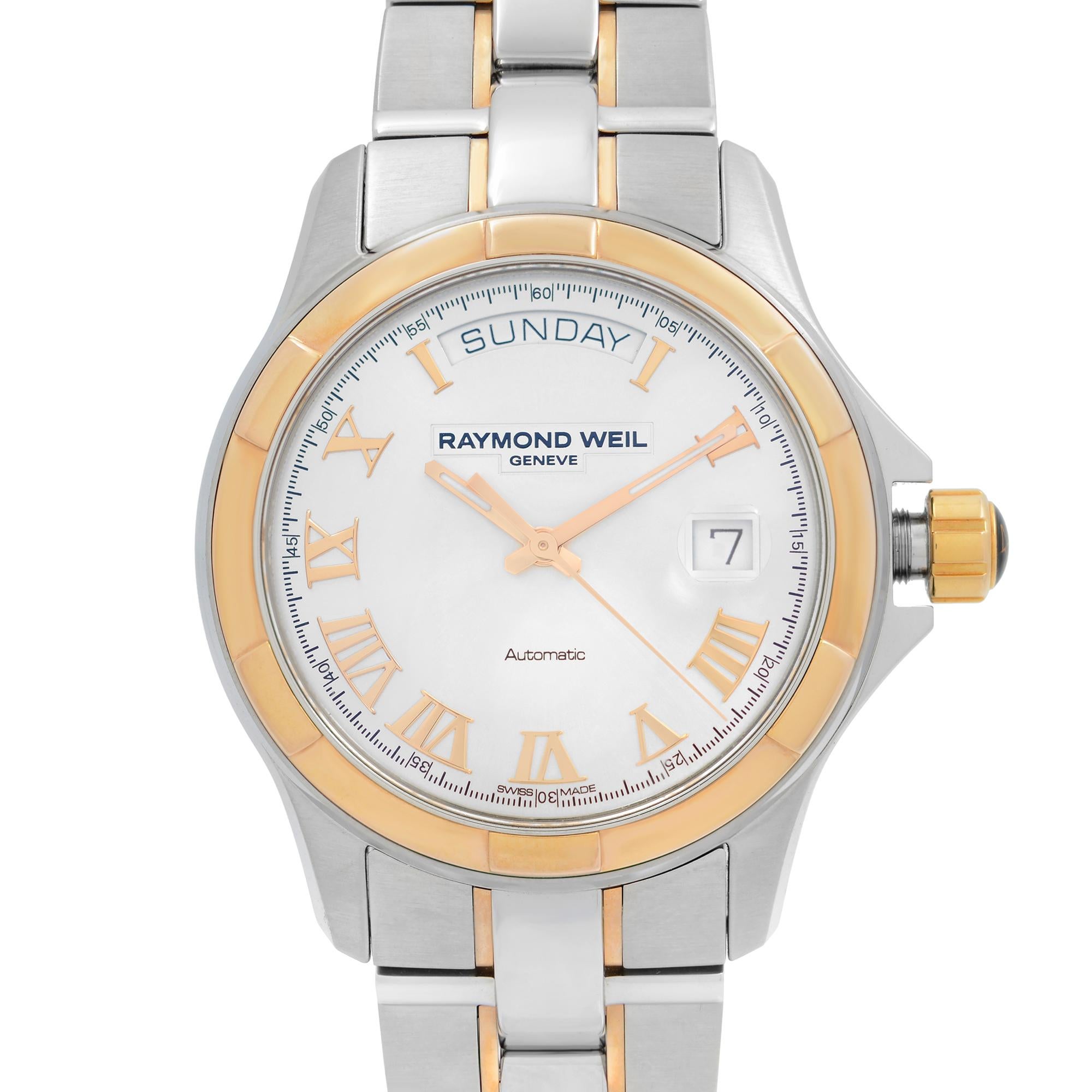 Unworn Raymond Weil Parsifal Rose Gold PVD Steel Silver Dial Men's Watch 2965-SG5-00658. This Beautiful Timepiece Features: Stainless Steel Case with a Two-Tone (Silver-Tone and 18k Gold PVD) Stainless Steel Bracelet, Fixed 18k Gold PVD Bezel,