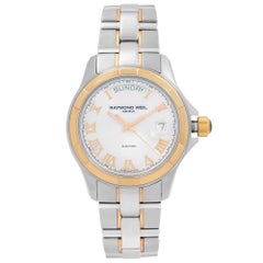 Raymond Weil Parsifal Day-Date Gold PVD Stahl Silber Zifferblatt Uhr 2965-SG5-00658