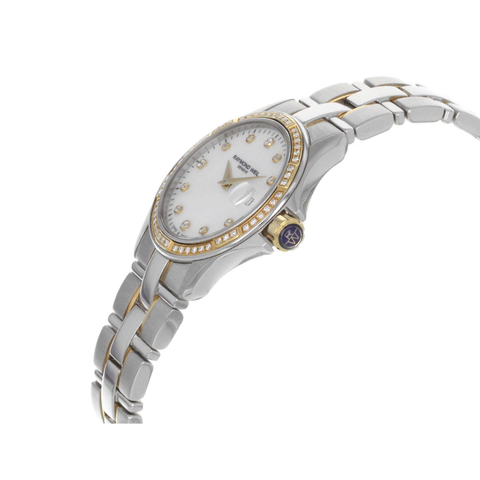 (14059)
This display model Raymond Weil Parsifal 9460-SGS-97081 is a beautiful Womens timepiece that is powered by a quartz movement which is cased in a stainless & solid gold case. It has a round shape face, date, diamonds dial and has hand