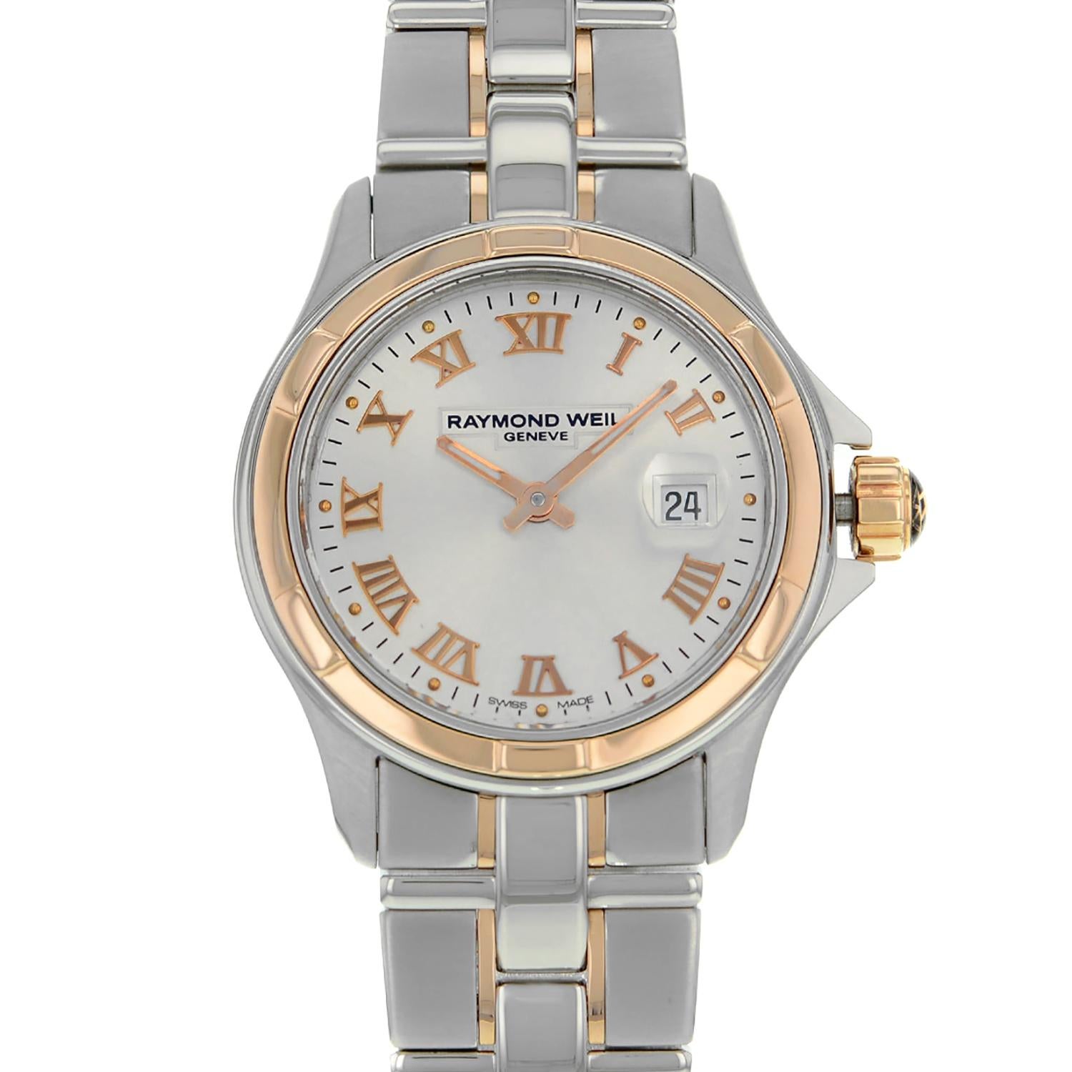 This pre-owned Raymond Weil Parsifal 9460-SG5-00658 is a beautiful Ladies timepiece that is powered by a quartz movement which is cased in a stainless steel case. It has a round shape face, date dial, and has hand roman numerals style markers. It is