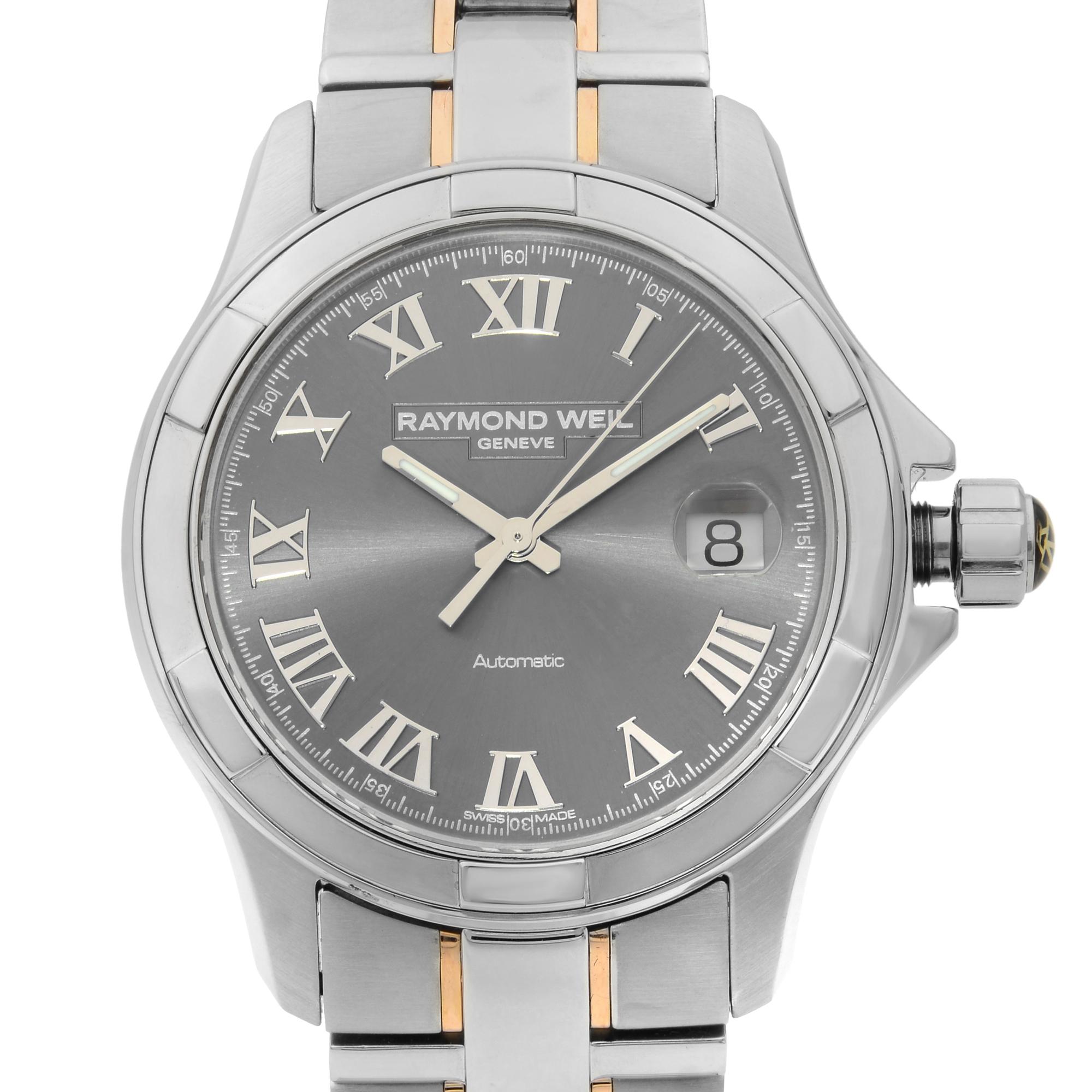 This pre-owned Raymond Weil Parsifal  2970 is a beautiful men's timepiece that is powered by mechanical (automatic) movement which is cased in a stainless steel case. It has a round shape face, date indicator dial and has hand roman numerals style