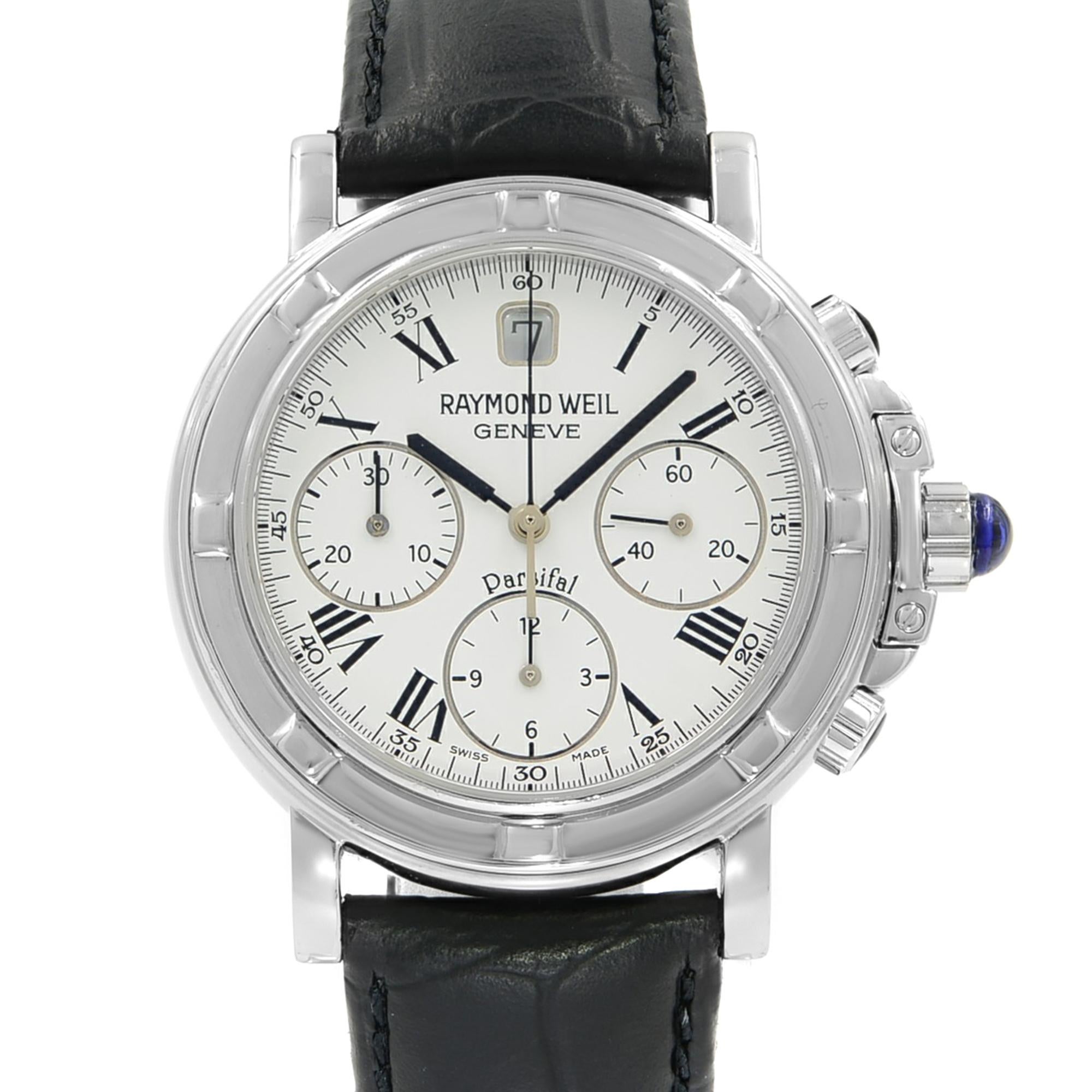 This pre-owned Raymond Weil Parsifal 7231-STC-00300 is a beautiful men's timepiece that is powered by an automatic movement which is cased in a stainless steel case. It has a round shape face, chronograph, date, small seconds subdial dial and has