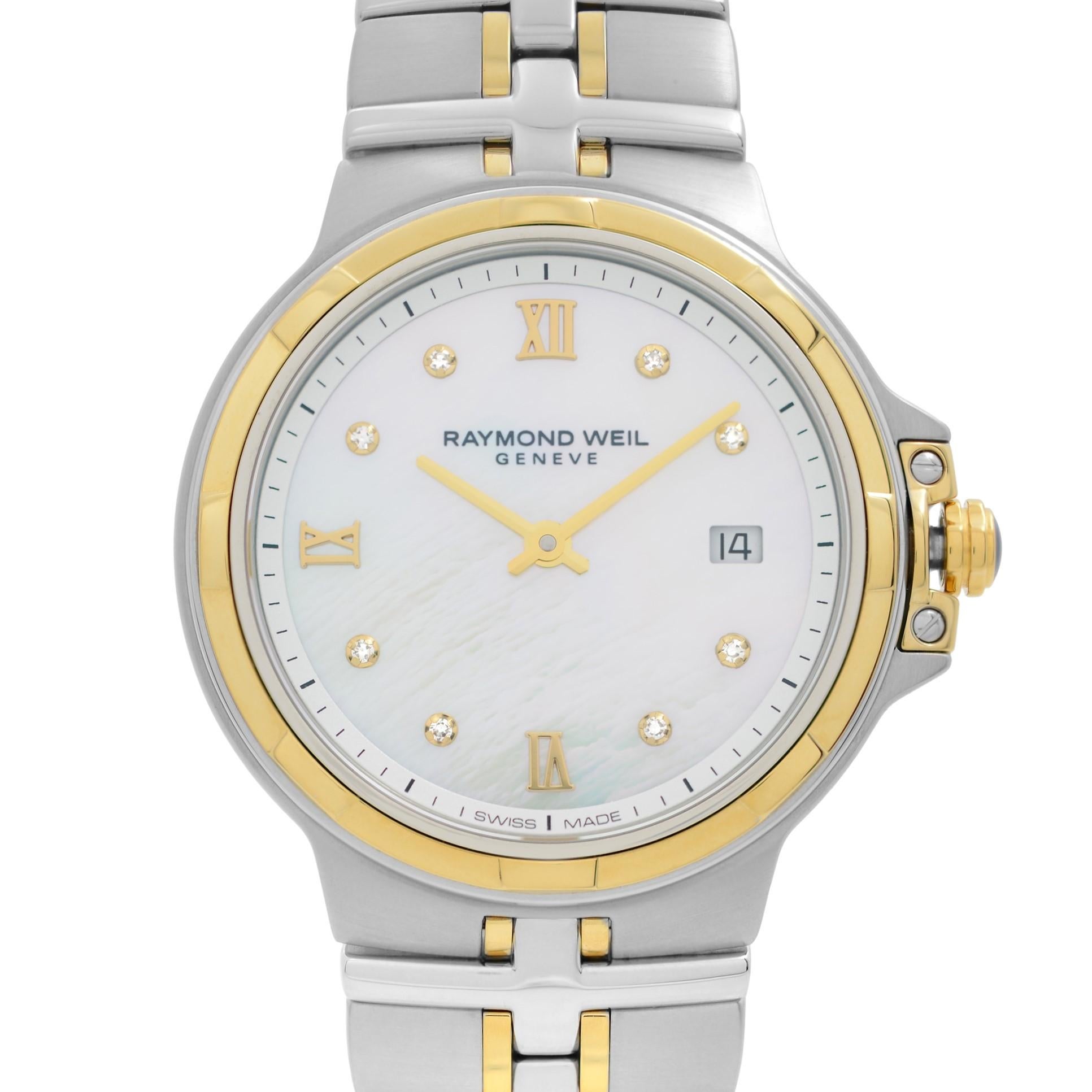 Unworn Store Display Model Raymond Weil Parsifal Steel Diamond White MOP Dial Ladies Watch 5180-STP-00995. This Beautiful Timepiece Features: Stainless Steel Case with a Two-Tone (Silver-Tone and Yellow Gold PVD) Stainless Steel Bracelet, Fixed