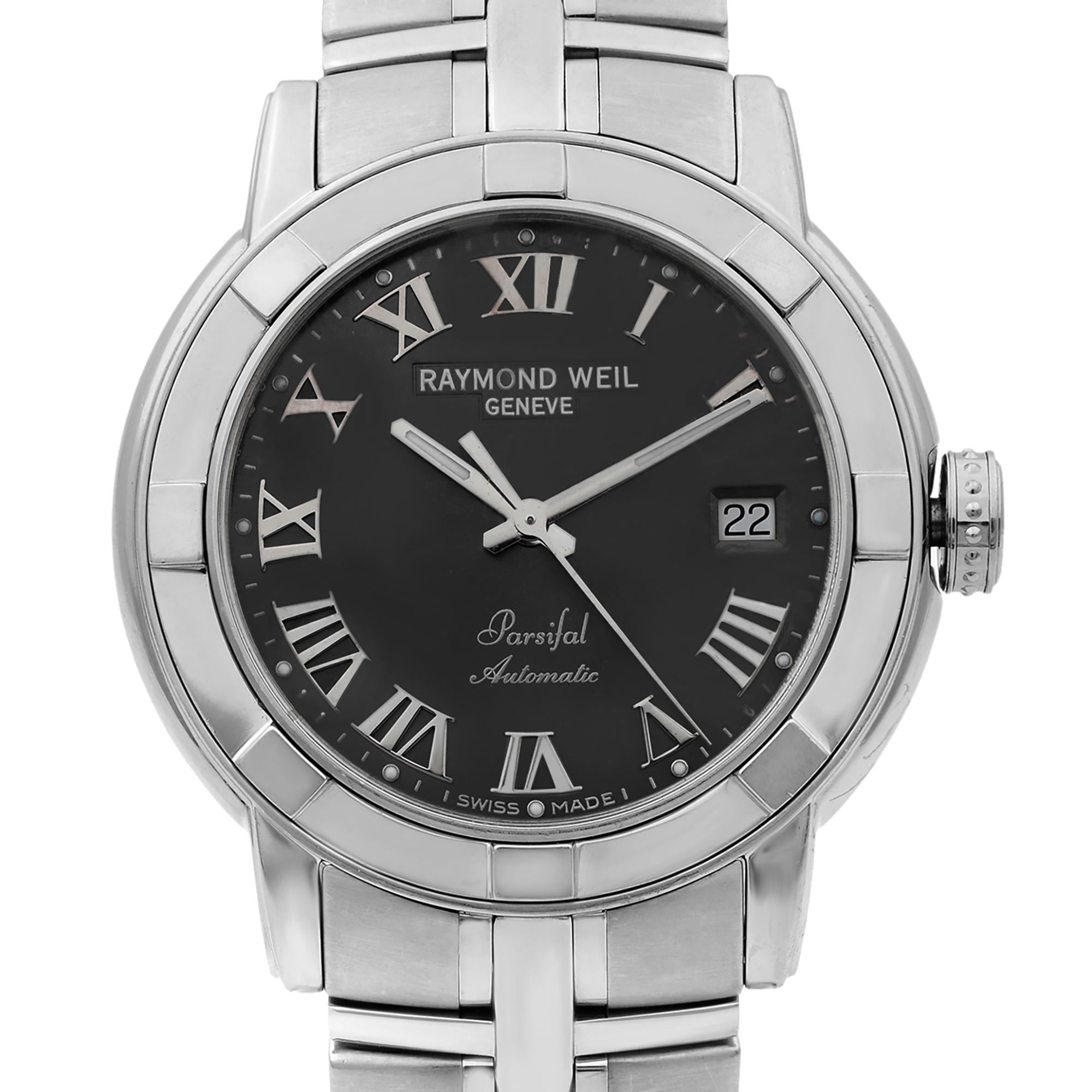 This pre-owned Raymond Weil Parsifal 2841-ST-00608 is a beautiful men's timepiece that is powered by mechanical (automatic) movement which is cased in a stainless steel case. It has a round shape face, date indicator dial and has hand roman numerals