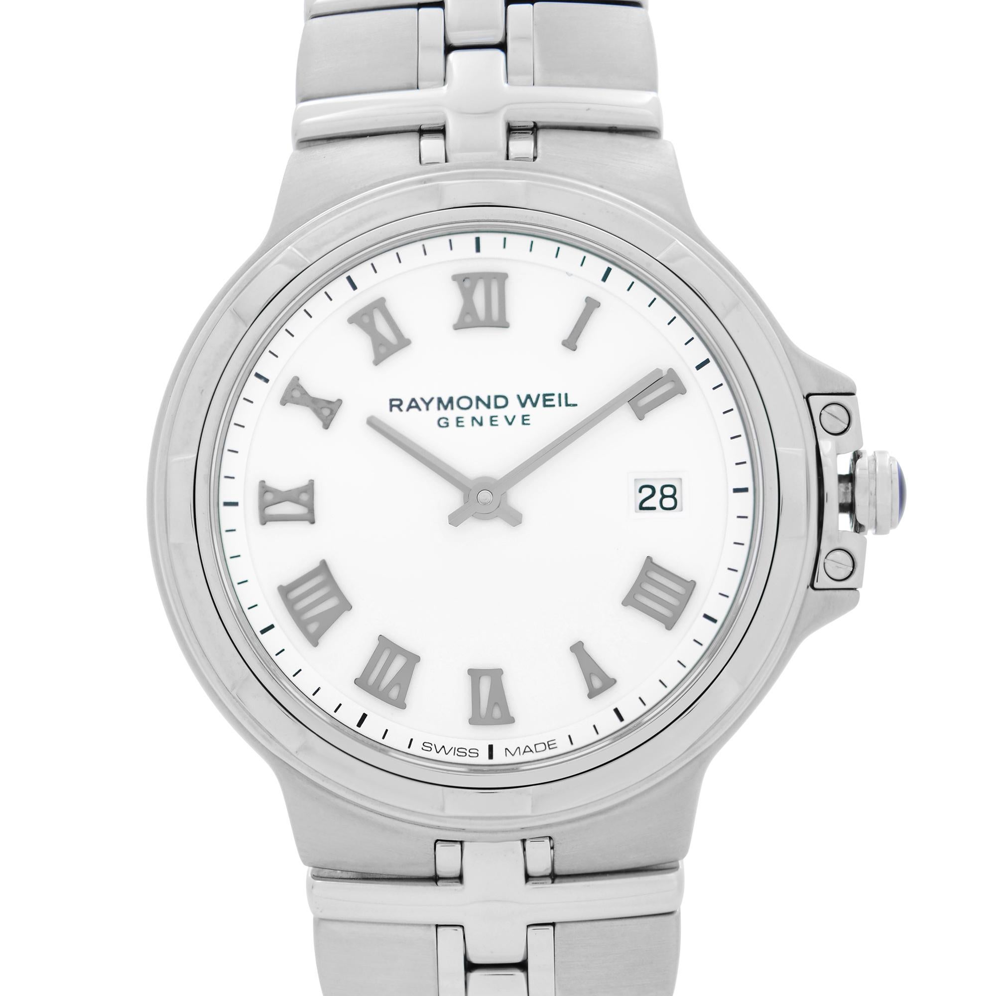 Unworn Raymond Weil Parsifal Steel White Roman Dial Quartz Ladies Watch 5180-ST-00300. This Beautiful Timepiece Features: Stainless Steel Case and Bracelet, Fixed Stainless Steel Bezel, White Dial with Black Hands, and Roman Numeral Hour Markers.