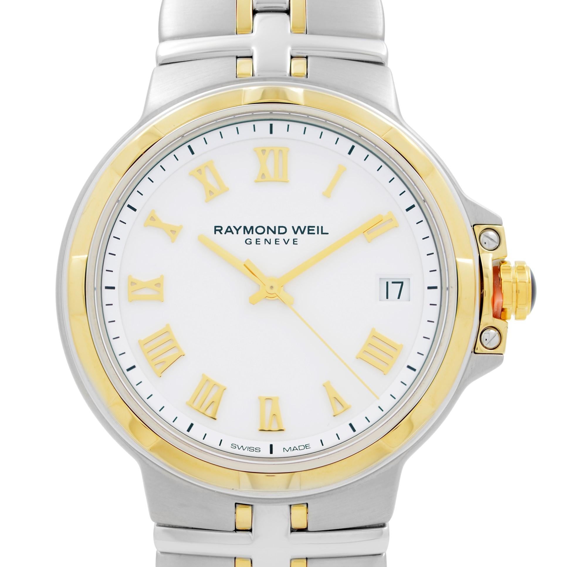 Store Display Model Never Worn Raymond Weil Parsifal Two-Tone Steel White Dial Quartz Men's Watch 5580-STP-00308. This Beautiful Timepiece Features: Stainless Steel Case with a Two-Tone (Silver-Tone and Yellow Gold PVD) Stainless Steel Bracelet,