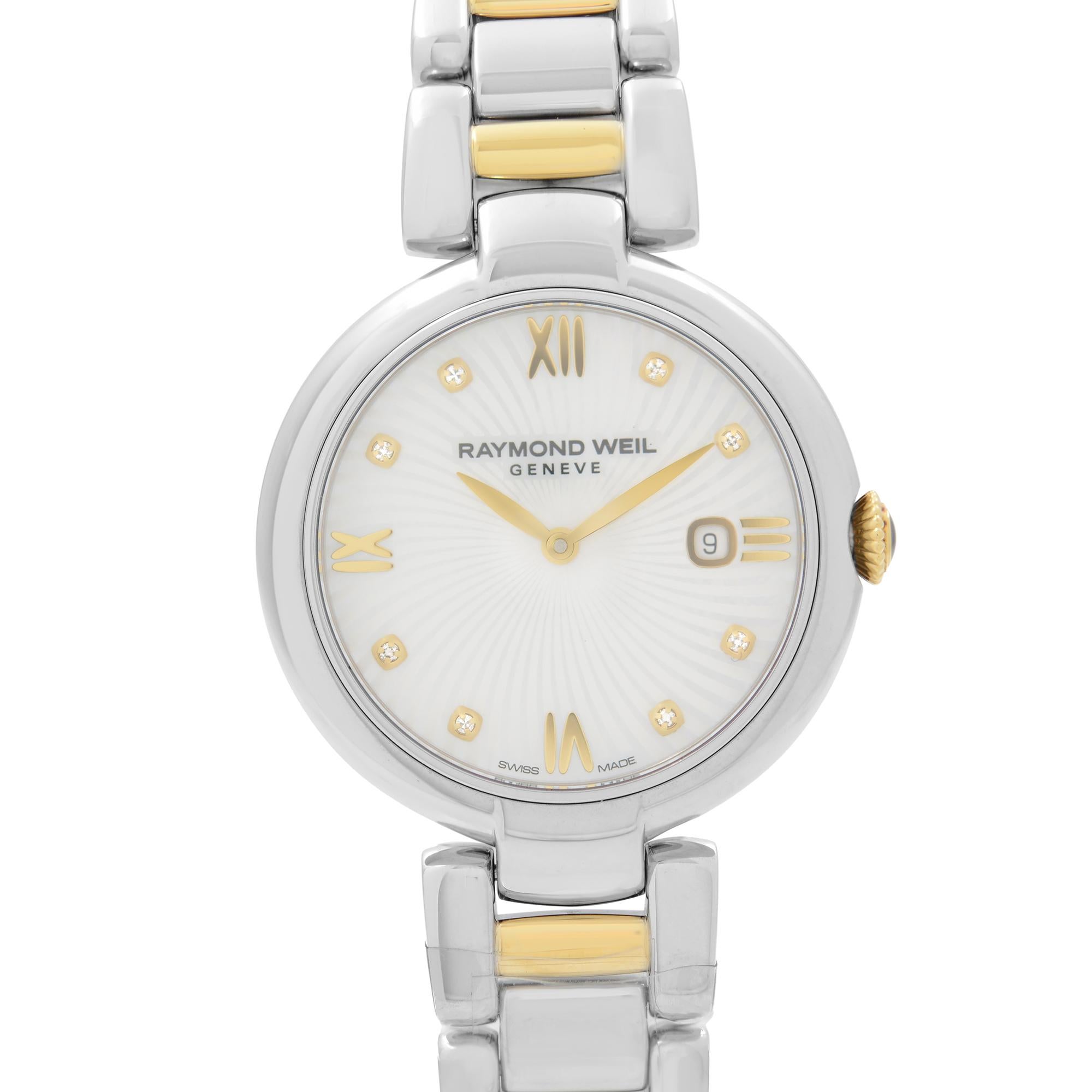 New Raymond Weil Shine Two-Tone Steel Diamond MOP Dial Ladies Watch 1600-STP-00995. This Beautiful Timepiece Features: Stainless Steel Case with a Two-Tone (Silver-Tone and Yellow Gold PVD) Stainless Steel Bracelet, Fixed Stainless Steel Bezel,