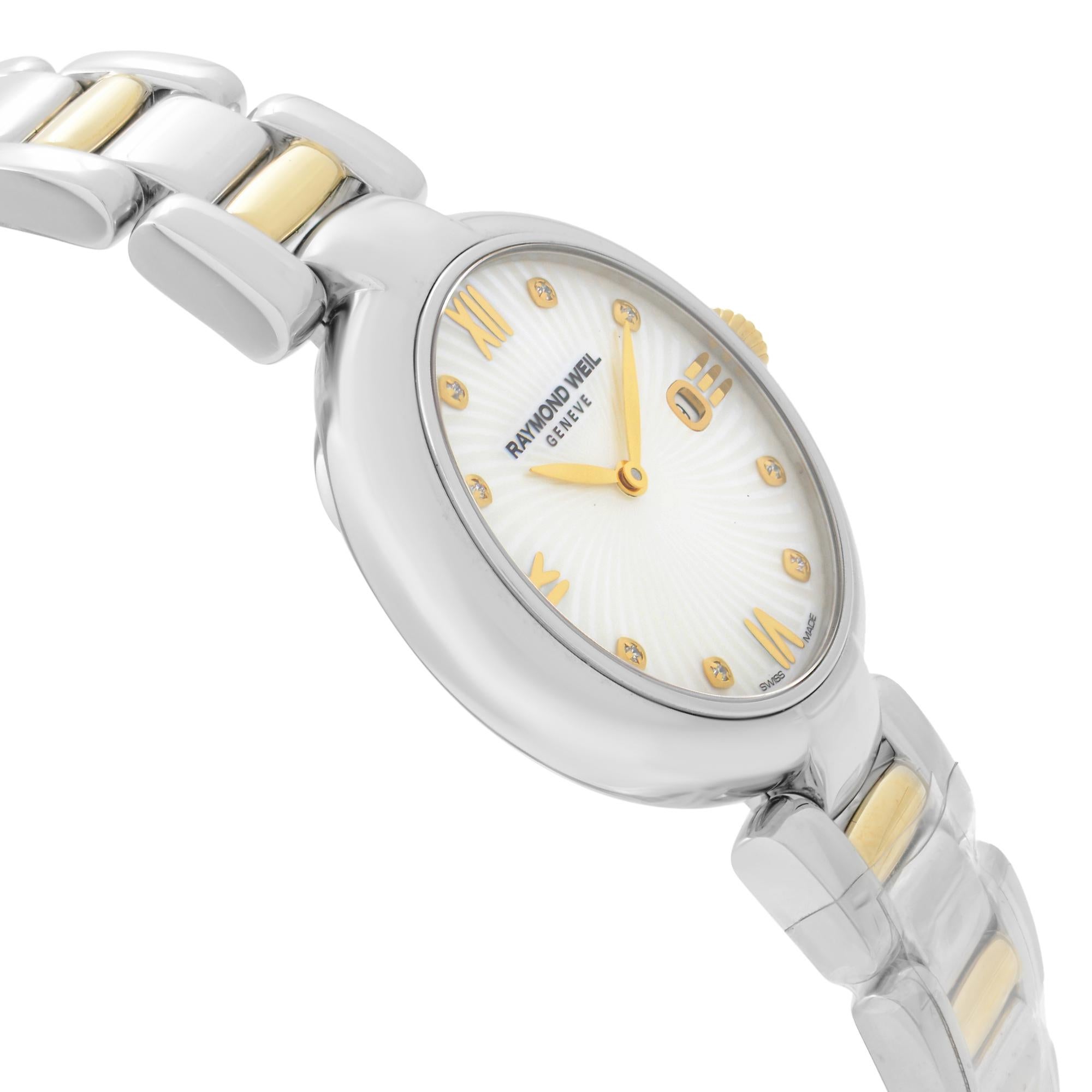 Raymond Weil Shine Two-Tone Steel Diamond MOP Dial Ladies Watch 1600-STP-00995 In New Condition In New York, NY