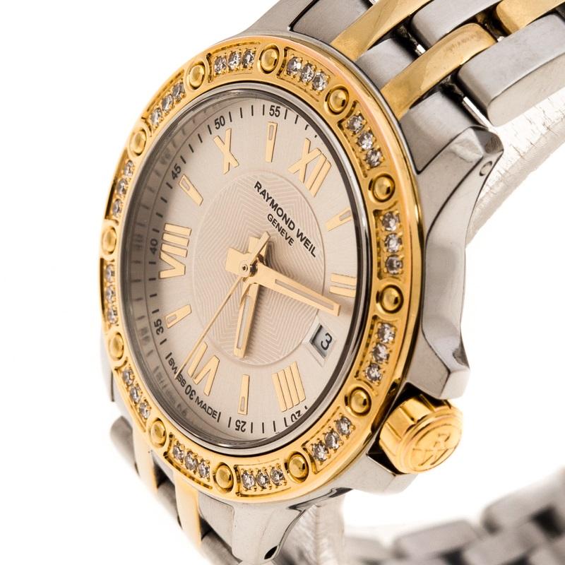 Contemporary Raymond Weil Silver White Two Tone Gold Plated Stainless Steel Tango 5399 Women'