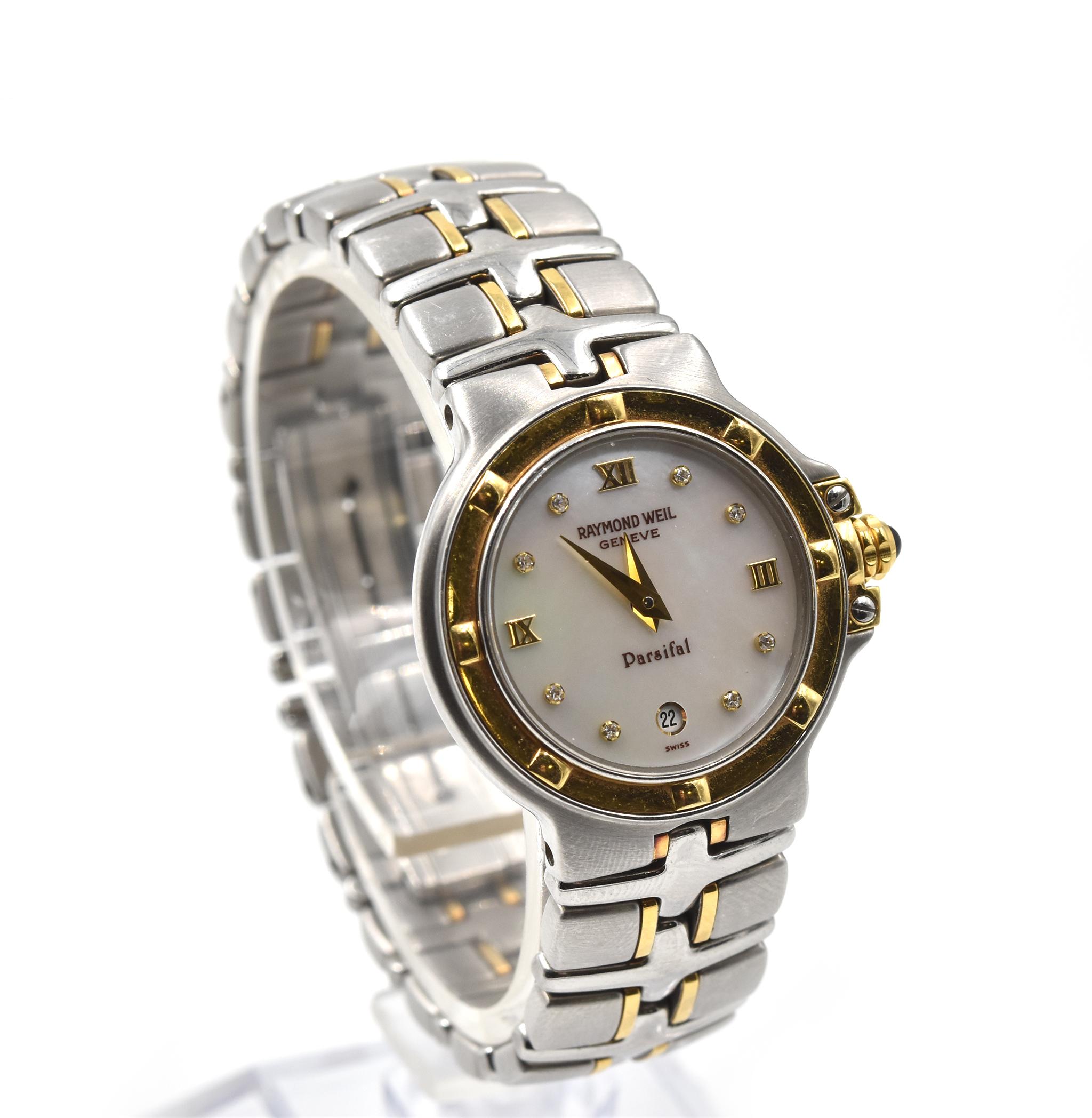 
Movement: quartz
Function: hours, minutes, date
Case: 26mm without the crown; 30mm with the crown, stainless steel case with fixed steel bezel, sapphire protective crystal, pull/push crown, water resistant
Band: two-tone stainless steel 
Dial: MOP