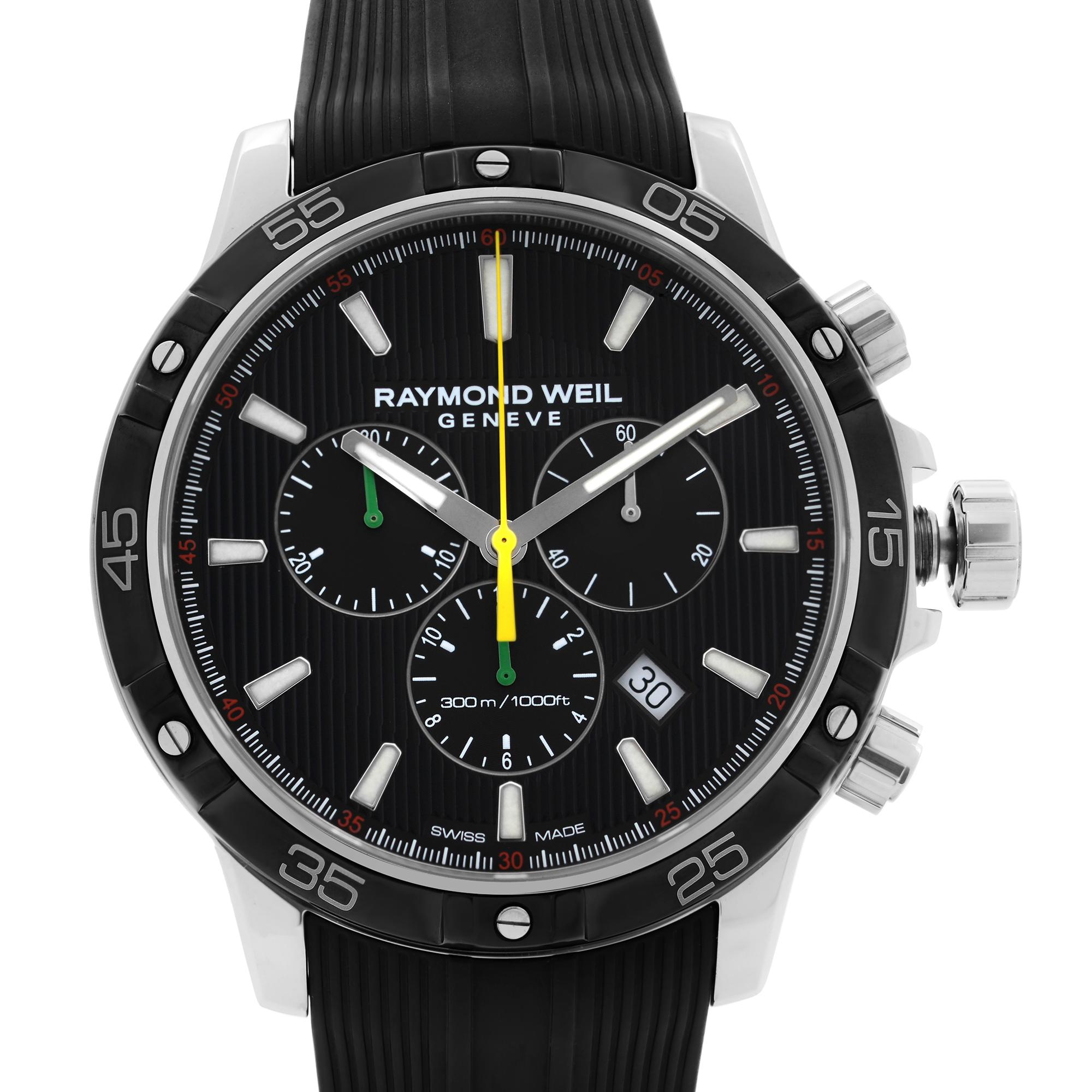 Unworn Raymond Weil Tango Bob Marley Limited Edition Steel Black Dial Men's Watch 8560-SR1-BMY17. This Beautiful Timepiece Features: Stainless Steel Case with a Black Rubber Strap, Fixed Stainless Steel Bezel with a Black PVD Top Ring, Black Dial