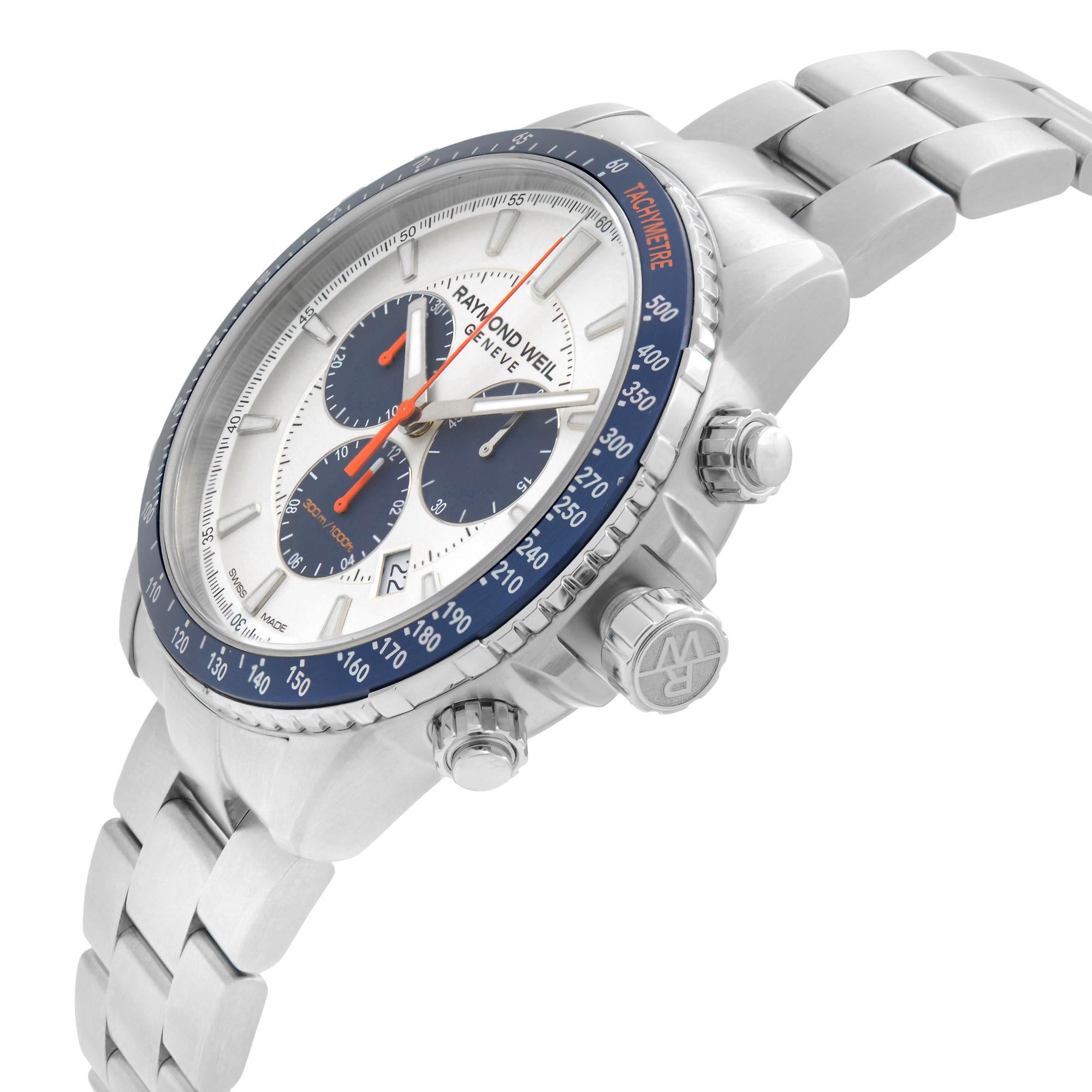 Raymond Weil Tango Stahl Silber Blau Zifferblatt Quarz Herrenuhr 8570-ST3-65501 im Zustand „Gut“ in New York, NY