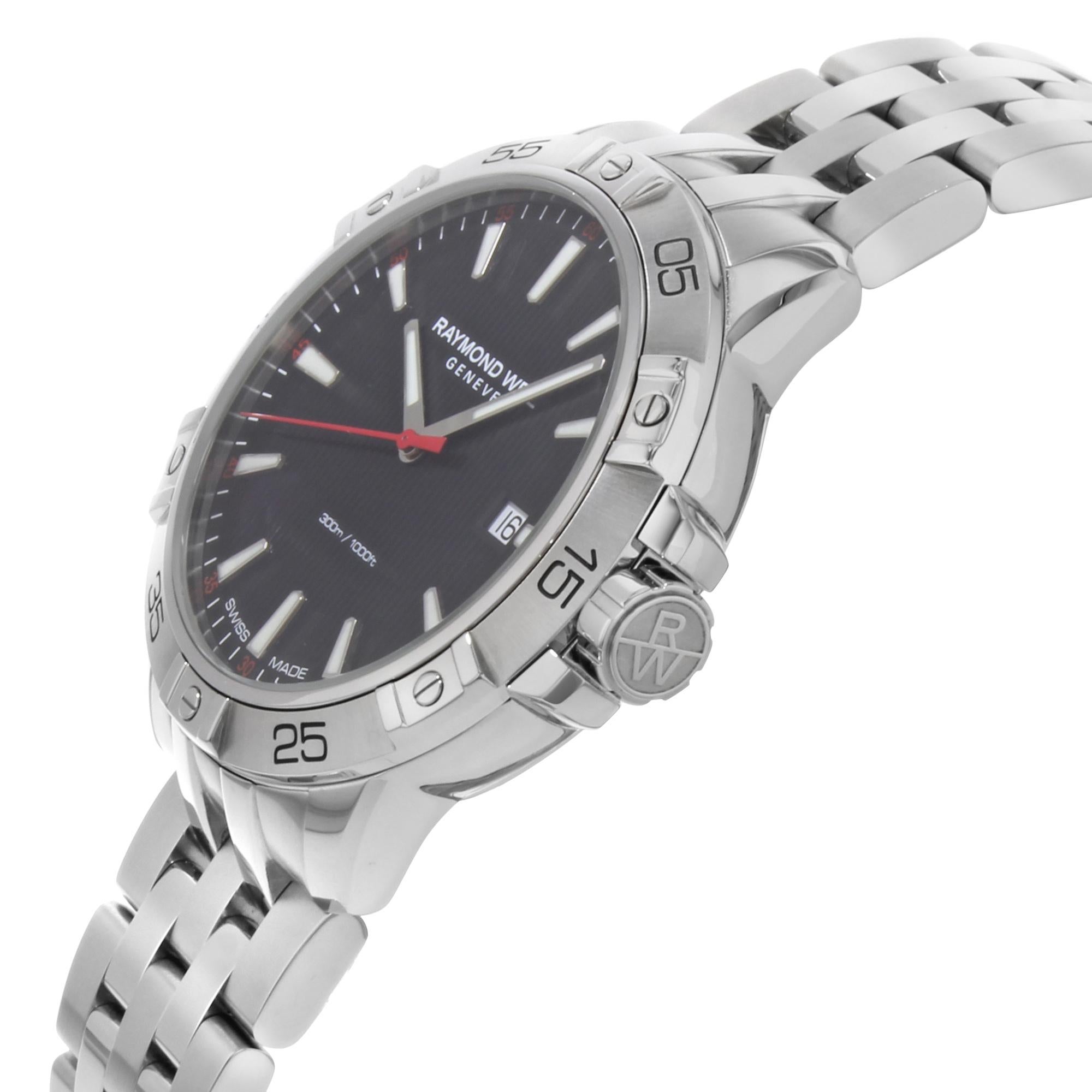 Raymond Weil Tango Edelstahl-Quarz-Herrenuhr 8160-ST2-20001 mit schwarzem Zifferblatt im Zustand „Neu“ in New York, NY