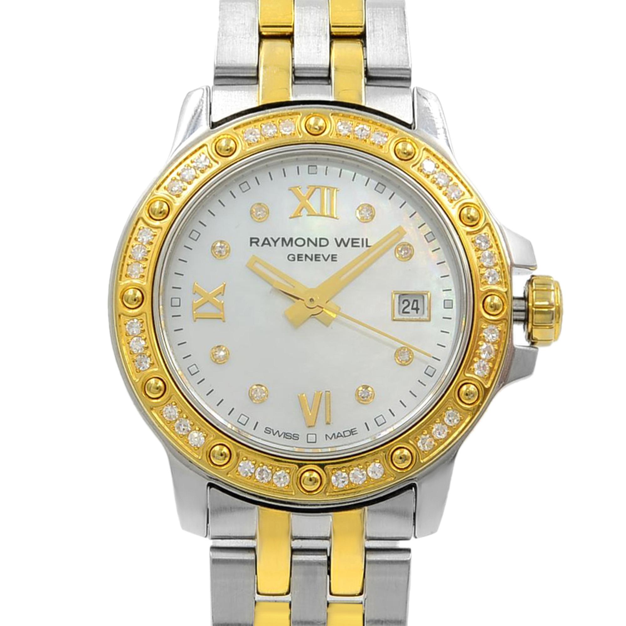 This pre-owned Raymond Weil Tango  5399-SPS-00995 is a beautiful Ladie's timepiece that is powered by quartz (battery) movement which is cased in a stainless steel case. It has a round shape face, date indicator dial and has hand diamonds, roman