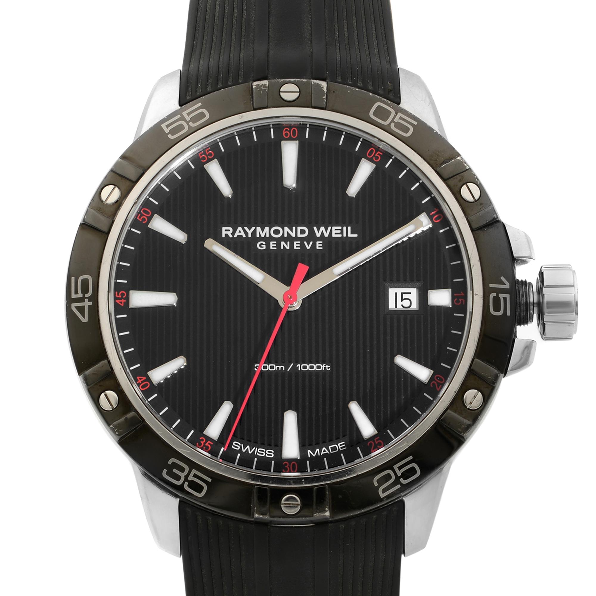 This pre-owned Raymond Weil Tango  8160-SR1-20001 is a beautiful men's timepiece that is powered by quartz (battery) movement which is cased in a stainless steel case. It has a round shape face, date indicator dial and has hand sticks style markers.