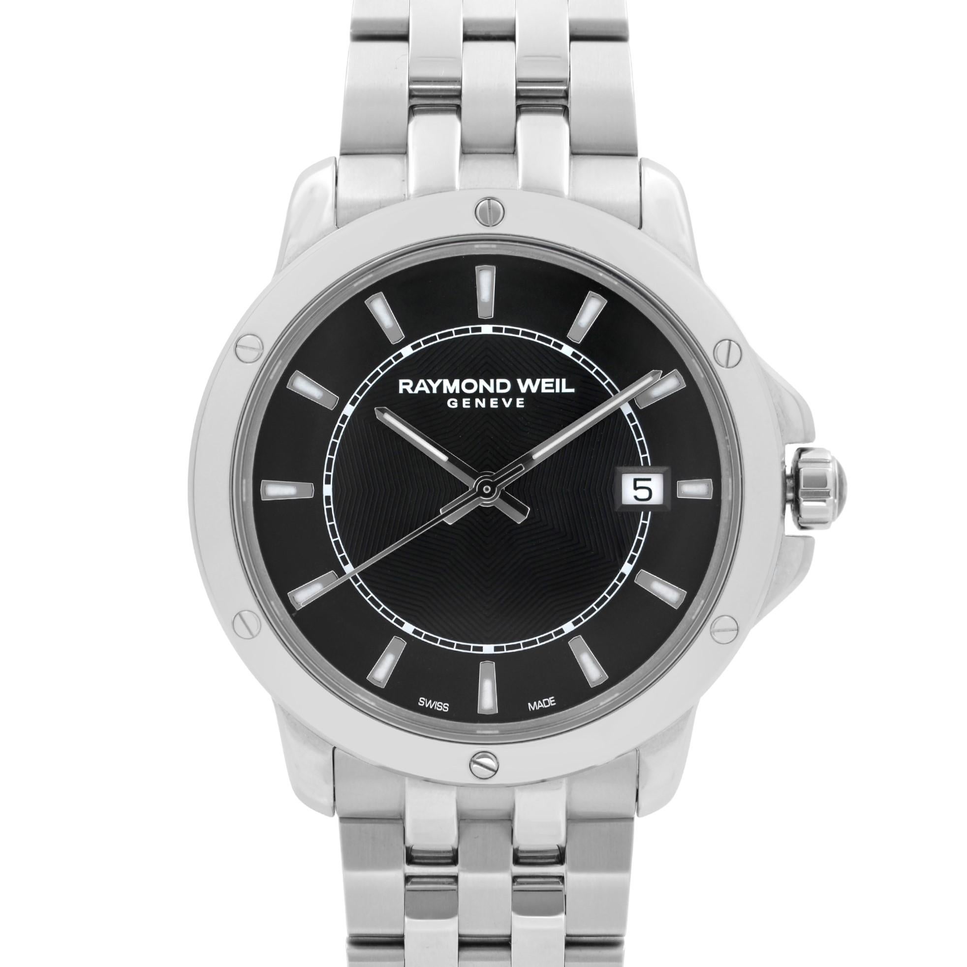 Display Model Raymond Weil Tango Stainless Steel Black Dial Quartz Men's Watch 5591-ST-20001. This Beautiful Timepiece Features: Stainless Steel Case and Bracelet, Fixed Stainless Steel Bezel, Black Dial with Luminous Silver-Tone Hands, And Index