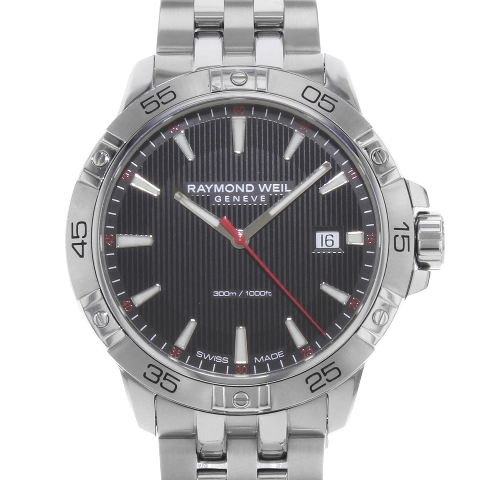 Store Display Model Raymond Weil Tango Edelstahl Schwarzes Zifferblatt Quarz Herrenuhr. Dieser schöne Zeitmesser verfügt über: Edelstahlgehäuse und -armband:: einseitig drehbare Edelstahllünette:: schwarzes Zifferblatt mit silberfarbenen