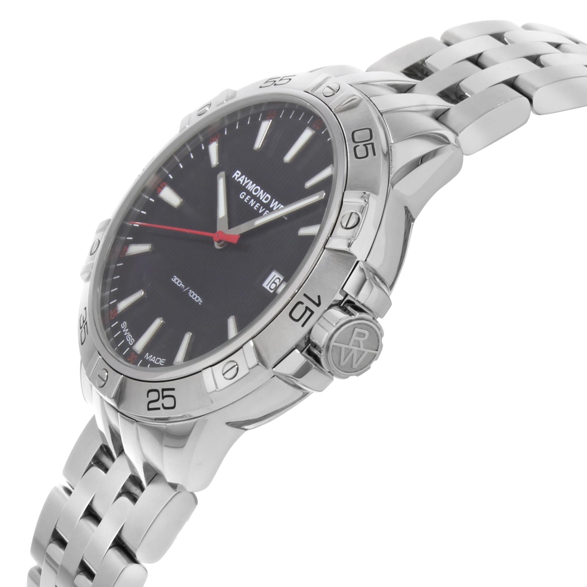 Raymond Weil Tango Edelstahl schwarzes Zifferblatt Quarz Herrenuhr 8160-ST2-20001 im Zustand „Neu“ in New York, NY