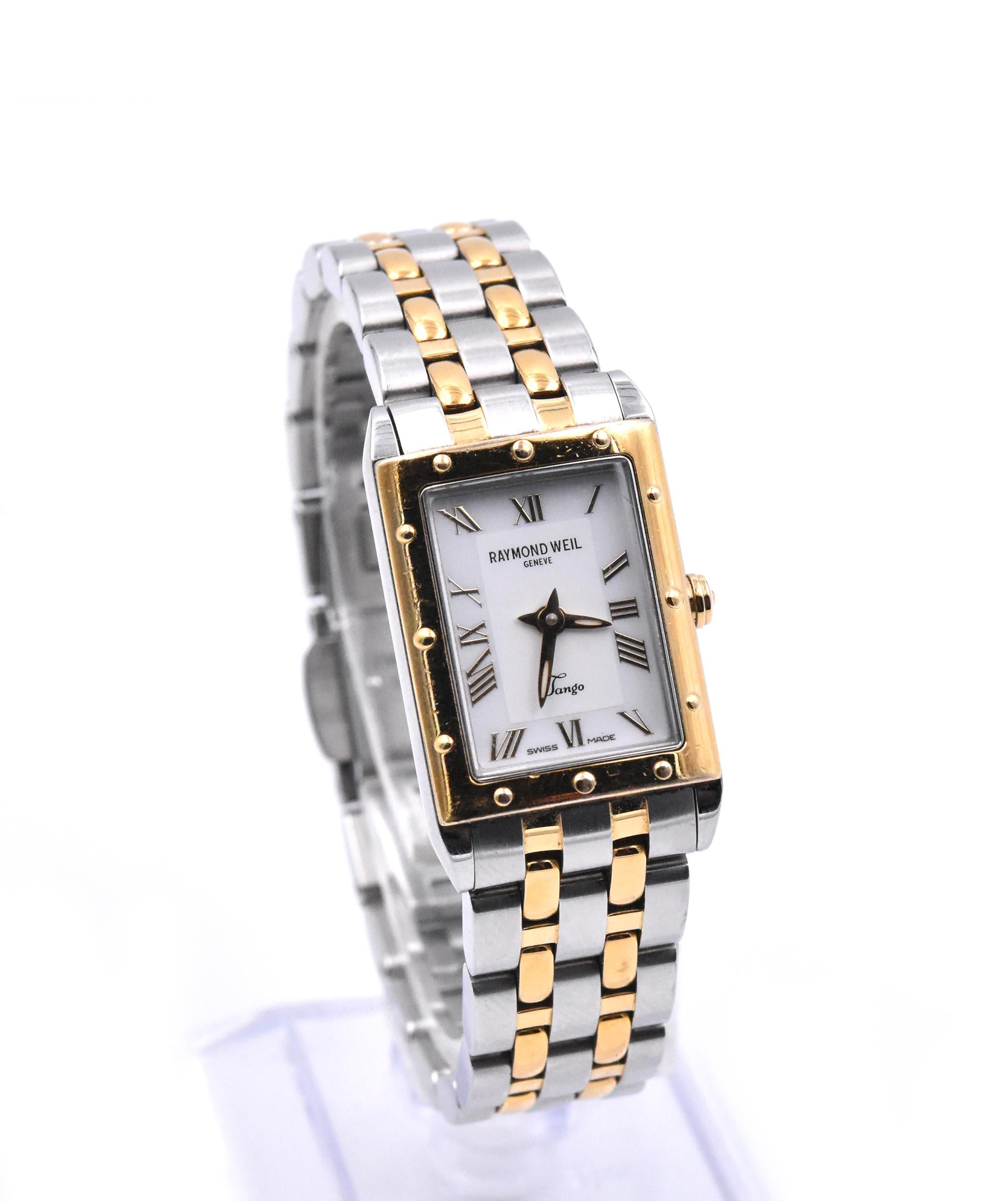 Movement: quartz
Function: hours, minutes
Case: 23.5mm x 18mm stainless steel case, yellow gold-plated bezel, sapphire protective crystal, push/pull crown, water resistant
Band: stainless-steel two-tone bracelet with deployment clasp, will fit a