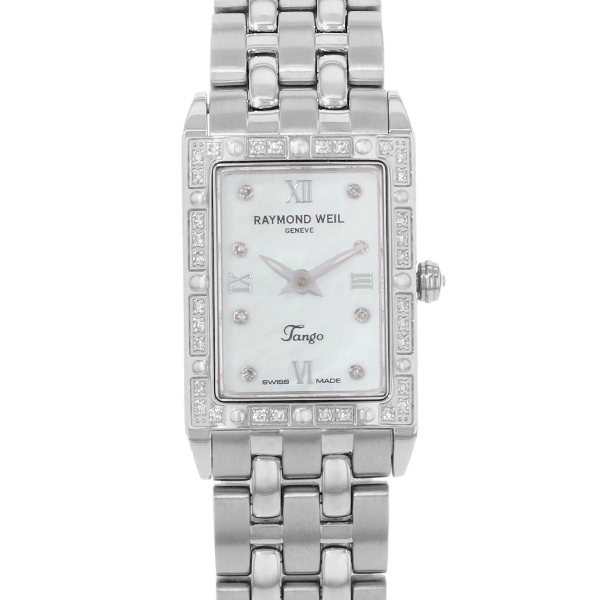 Store Display Model Raymond Weil Tango Steel Diamond MOP Dial Quartz Ladies Watch 5971-STS-00995. The Timepiece Has Minor Blemishes on the Caseback Due To Store Handling. Original Box and Papers are Included. Covered by 3-year Chronostore Warranty.