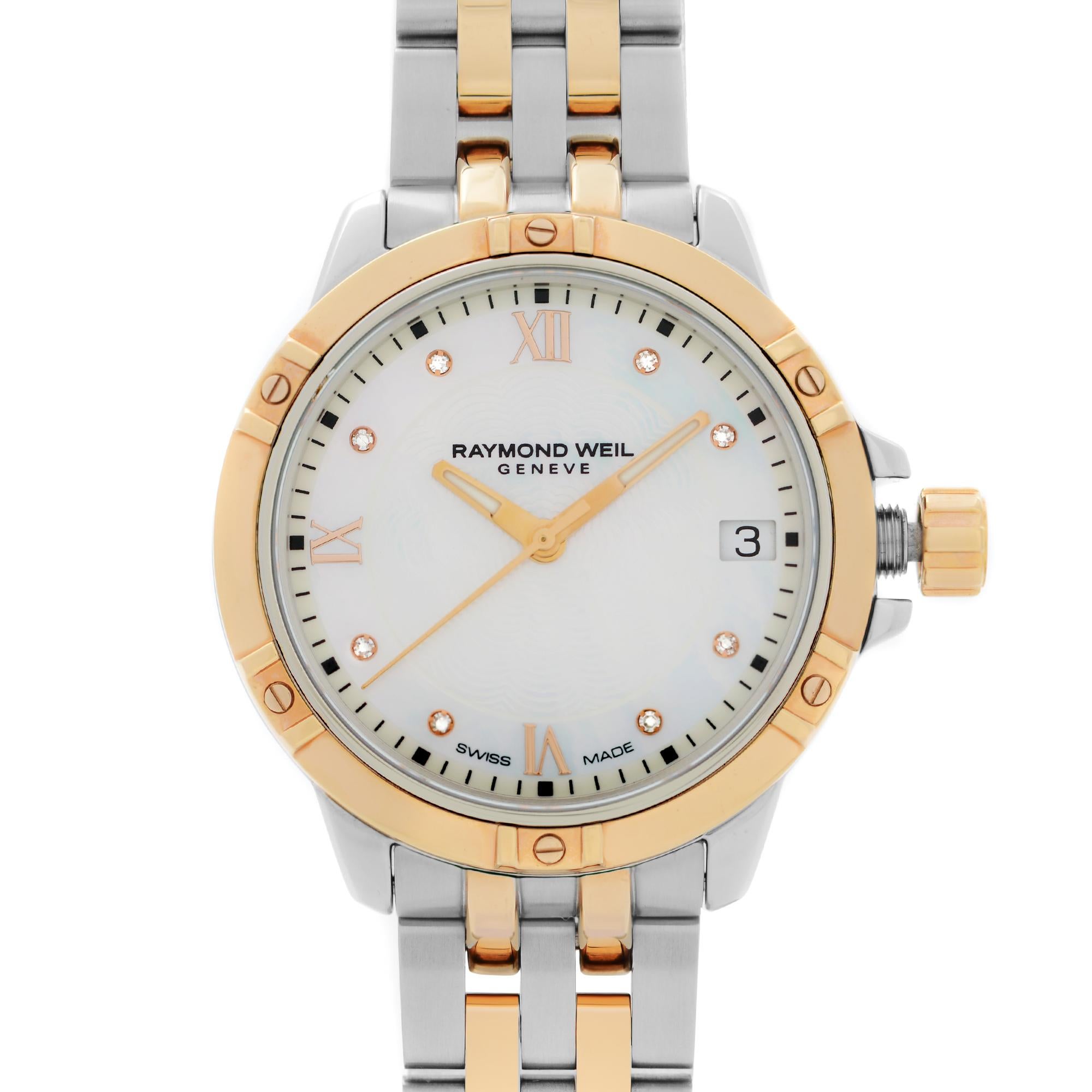 Store Display Model Never Worn. Can have minor blemishes on gold tone parts.  Raymond Weil Tango Steel Diamonds White MOP Dial Ladies Watch 5960-SP5-00995. This Beautiful Timepiece Features: Stainless Steel Case with a Two-Tone (Silver and Rose Gold